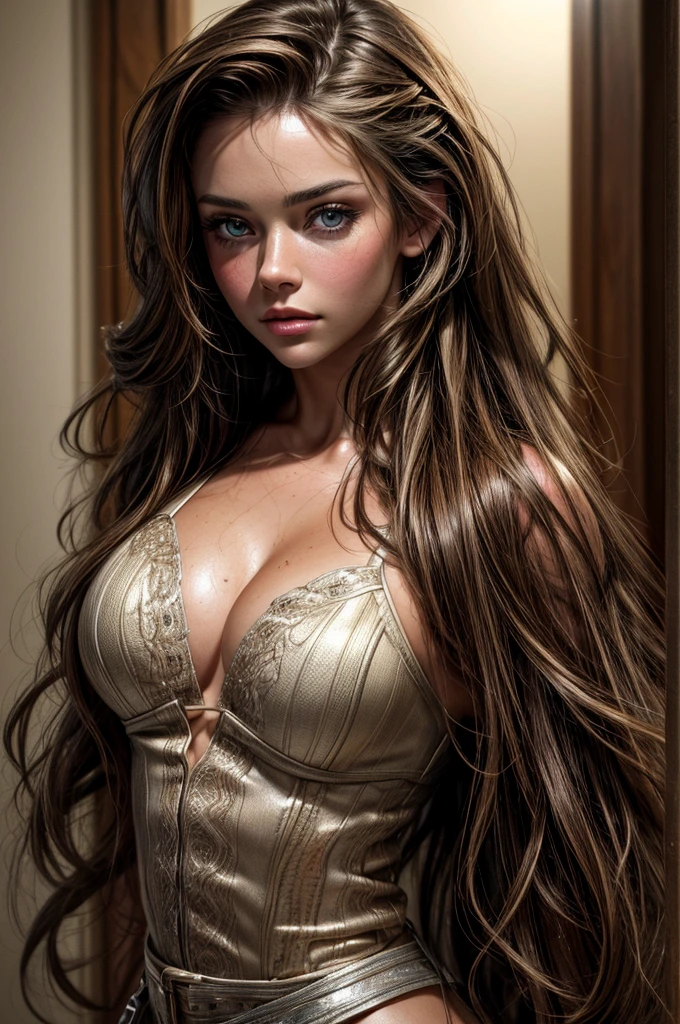 8K,Best quality, masterpiece, ultra high res, (photorealistic:1.4), raw photo, (Authentic skin texture:1.3), (film grain:1.3), (selfie angle),1girl, messy long hair, brown hair, beautiful detailed eyes and face,masterpiece, best quality,close-up,upper body, gina holden, taylor cole