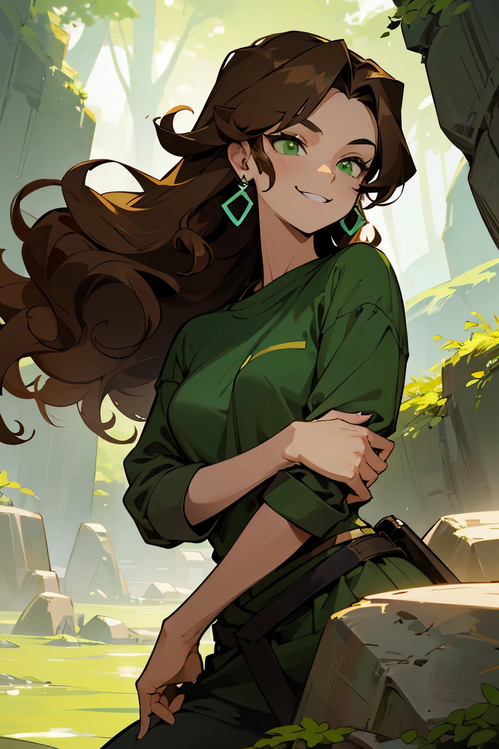 avatar,curly long brown hair, green shirt, earrings, young female, smirking, green eyes, rocky terrain