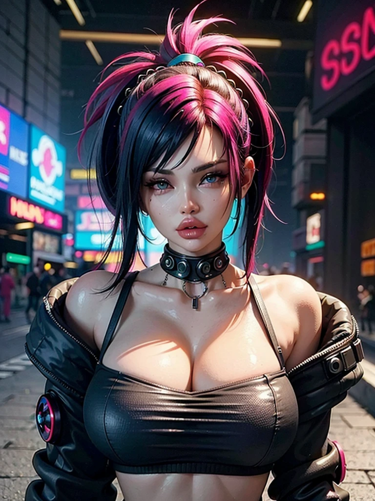 ((Best quality)), ((masterpiece)), (highly detailed:1.3), 3D, beautiful (cyberpunk:1.3) hacker woman with colored hair, black clothes looking at camera