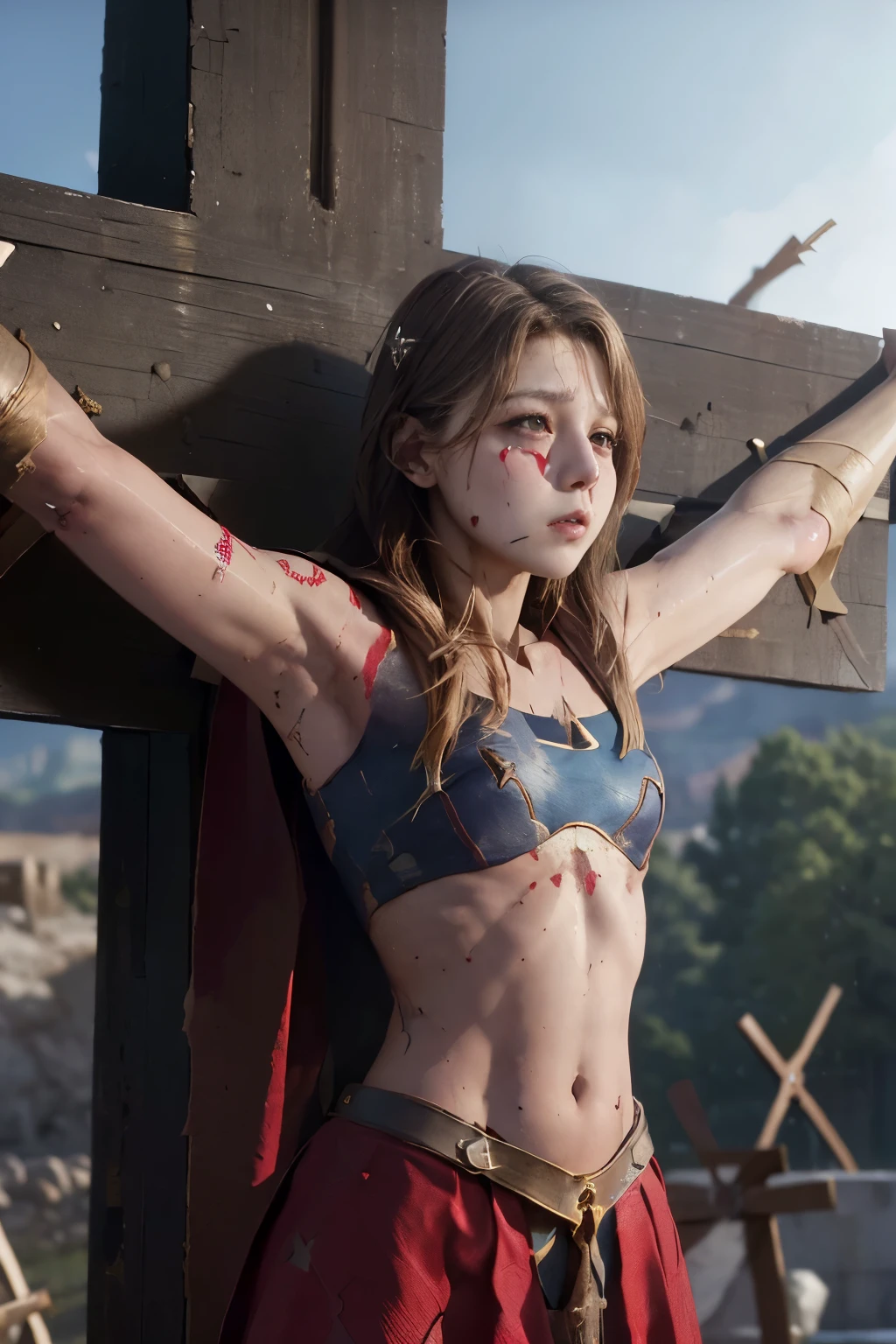 highest quality,masterpiece,UHD, Super detailed, 8K,(Beautiful woman),(一人のBeautiful woman),((crucifixion:1.5)),((cross)),(execution),((incontinence)),scared,torture,slave,((crossにcrucifixionにされた女性:1.5)),crucifixion刑,(supergirl),red skirt,((torn costume:1.4)),(tattered clothes),((Bruises on face and body:1.4)),Defeated heroine,a devastated world,ruins,abandoned building