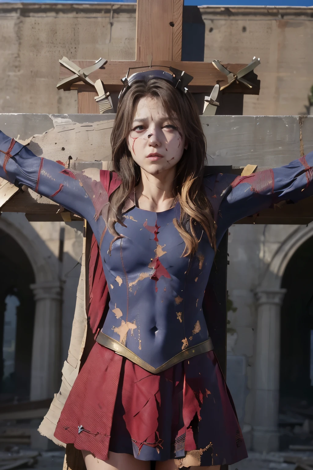 highest quality,masterpiece,UHD, Super detailed, 8K,(Beautiful woman),(一人のBeautiful woman),((crucifixion:1.5)),((cross)),(execution),((incontinence)),scared,torture,slave,((crossにcrucifixionにされた女性:1.5)),crucifixion刑,(supergirl),red skirt,((torn costume:1.4)),(tattered clothes),((Bruises on face and body:1.4)),Defeated heroine,a devastated world,ruins,abandoned building