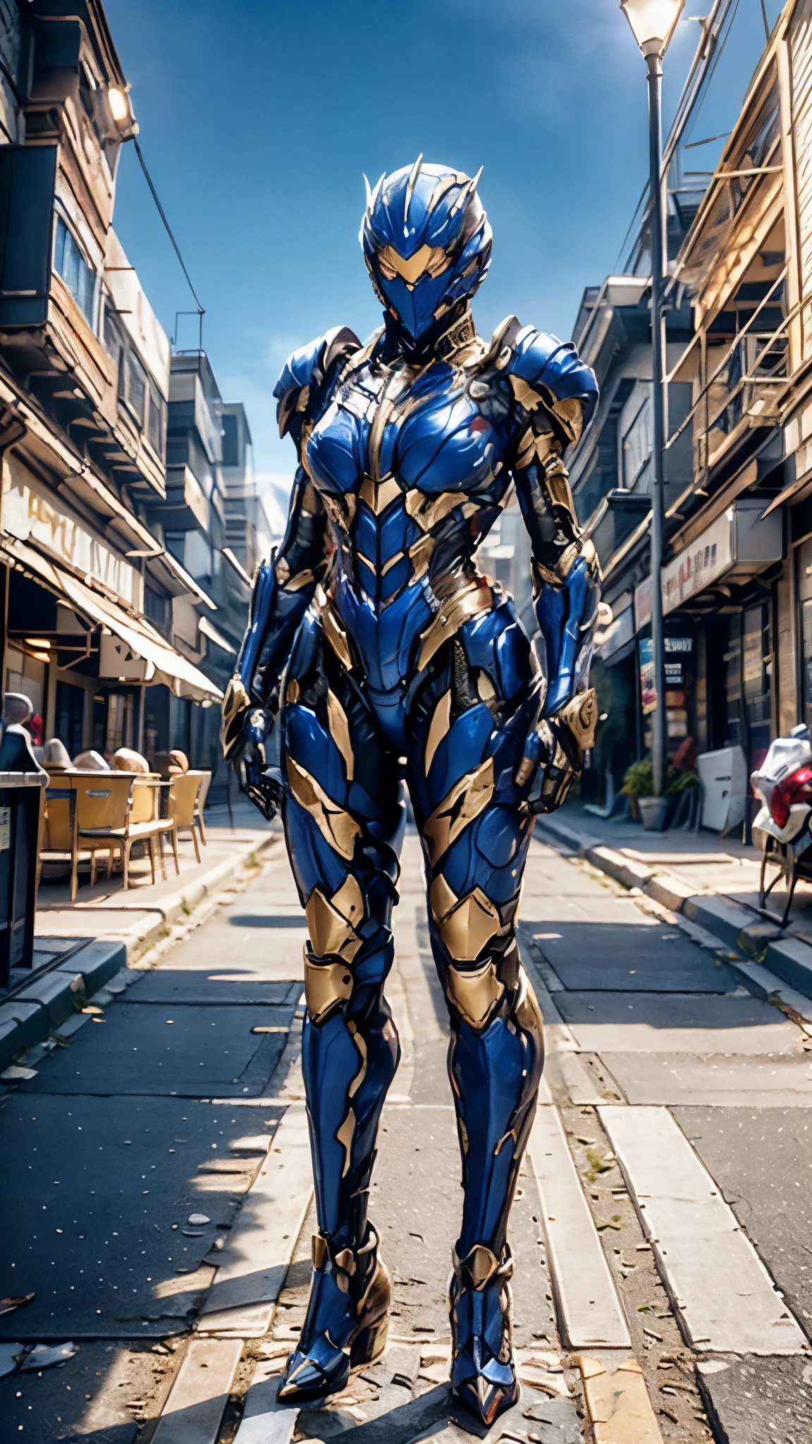 A woman adorned in fantasy-style full-body armor, a crown-concept fully enclosed helmet that unveils only her eyes, a composite layered chest plate, fully encompassing shoulder and hand guards, a lightweight waist armor, form-fitting shin guards, the overall design is heavy-duty yet flexible, ((the armor gleams with a blue glow, complemented by red and golden accents)), exhibiting a noble aura, she floats above the Futuristic city, this character embodies a finely crafted fantasy-surreal style armored hero in anime style, exquisite and mature manga art style, (Godzilla concept Armor, photorealistic:1.4, real texture material:1.2), ((city night view, elegant, goddess, femminine:1.5)), metallic, high definition, best quality, highres, ultra-detailed, ultra-fine painting, extremely delicate, professional, anatomically correct, symmetrical face, extremely detailed eyes and face, high quality eyes, creativity, RAW photo, UHD, 32k, Natural light, cinematic lighting, masterpiece-anatomy-perfect, masterpiece:1.5