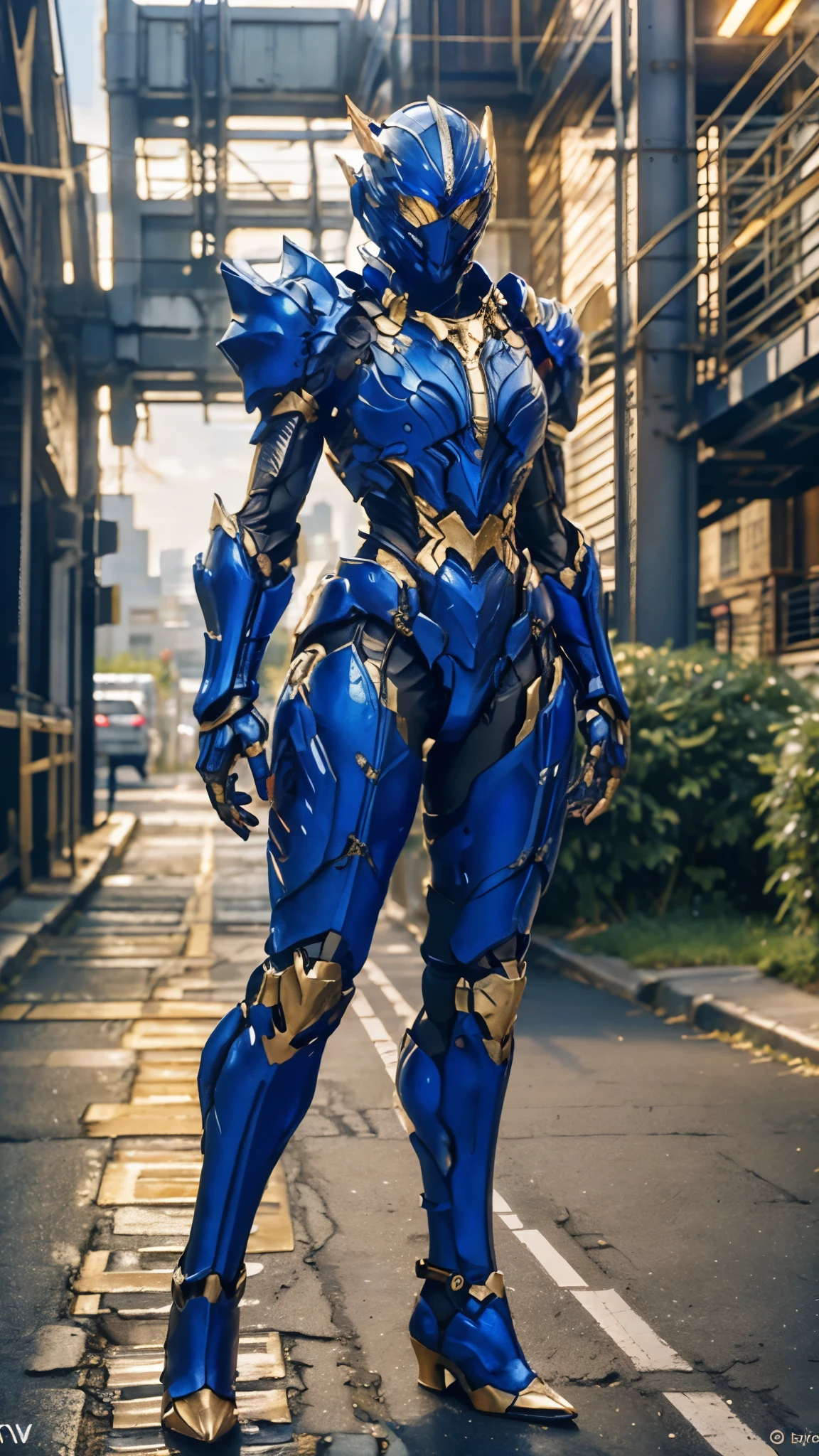 A woman adorned in fantasy-style full-body armor, a crown-concept fully enclosed helmet that unveils only her eyes, a composite layered chest plate, fully encompassing shoulder and hand guards, a lightweight waist armor, form-fitting shin guards, the overall design is heavy-duty yet flexible, ((the armor gleams with a blue glow, complemented by red and golden accents)), exhibiting a noble aura, she floats above the Futuristic city, this character embodies a finely crafted fantasy-surreal style armored hero in anime style, exquisite and mature manga art style, (Godzilla concept Armor, photorealistic:1.4, real texture material:1.2), ((city night view, elegant, goddess, femminine:1.5)), metallic, high definition, best quality, highres, ultra-detailed, ultra-fine painting, extremely delicate, professional, anatomically correct, symmetrical face, extremely detailed eyes and face, high quality eyes, creativity, RAW photo, UHD, 32k, Natural light, cinematic lighting, masterpiece-anatomy-perfect, masterpiece:1.5