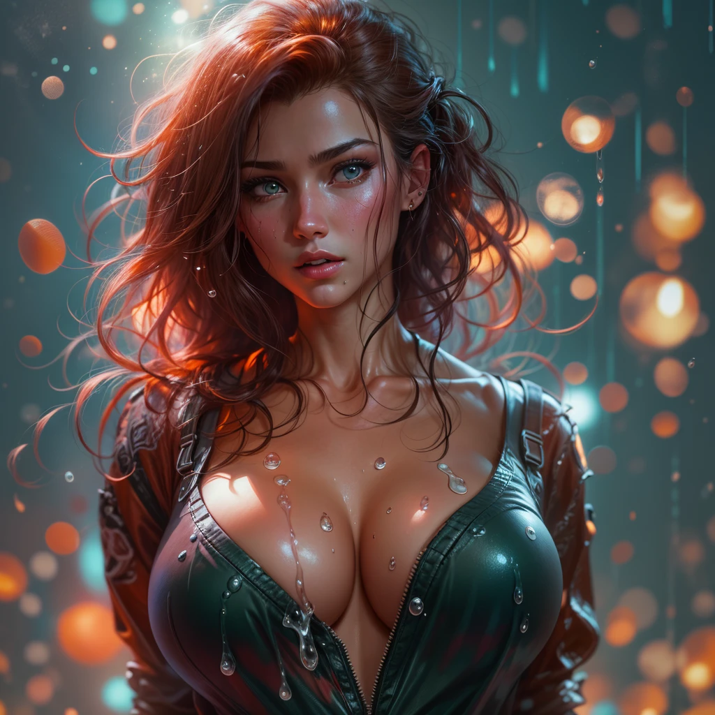 large breasts, perfectly perky , full cleavage showing, low cut shirt cleavage , super tight cloths, revealing shirt, wet dripping hair, wet dripping hair, godrays, volumetric lighting, Red and James Jean, Greg Rutkowski, bokeh, 8k resolution, trending on artstation
