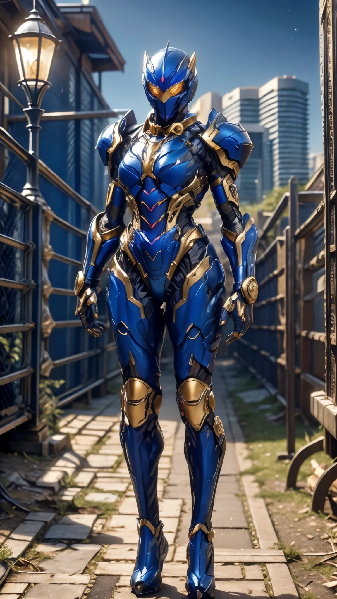 A woman adorned in fantasy-style full-body armor, a crown-concept fully enclosed helmet that unveils only her eyes, a composite layered chest plate, fully encompassing shoulder and hand guards, a lightweight waist armor, form-fitting shin guards, the overall design is heavy-duty yet flexible, ((the armor gleams with a blue glow, complemented by red and golden accents)), exhibiting a noble aura, she floats above the Futuristic city, this character embodies a finely crafted fantasy-surreal style armored hero in anime style, exquisite and mature manga art style, (Godzilla concept Armor, photorealistic:1.4, real texture material:1.2), ((city night view, elegant, goddess, femminine:1.5)), metallic, high definition, best quality, highres, ultra-detailed, ultra-fine painting, extremely delicate, professional, anatomically correct, symmetrical face, extremely detailed eyes and face, high quality eyes, creativity, RAW photo, UHD, 32k, Natural light, cinematic lighting, masterpiece-anatomy-perfect, masterpiece:1.5