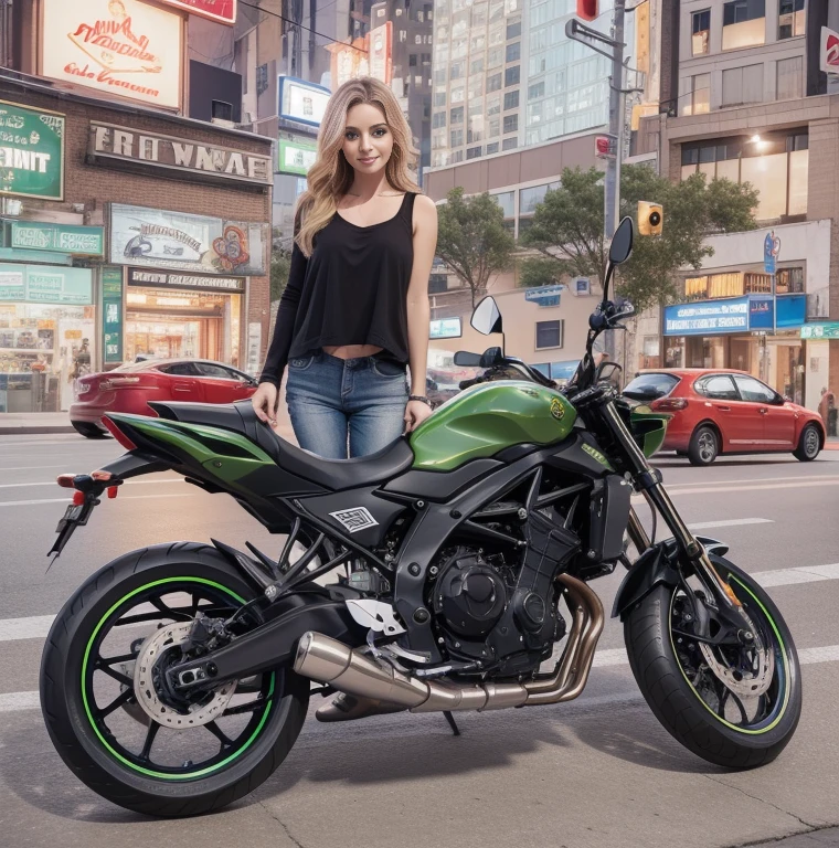 (best quality,highres,ultra-detailed),full-body perfect woman,perfect smile,long blonde hair,next to a Z650 motorcycle in a city at night,nighttime cityscape,neon lights,urban setting,chromatic aberration effect,blurred motion lights,glowing reflections on wet pavement,dynamic composition,stylish and confident pose,vivid colors,photorealistic rendering,reflective surfaces,soft lighting emphasizing the woman's features.