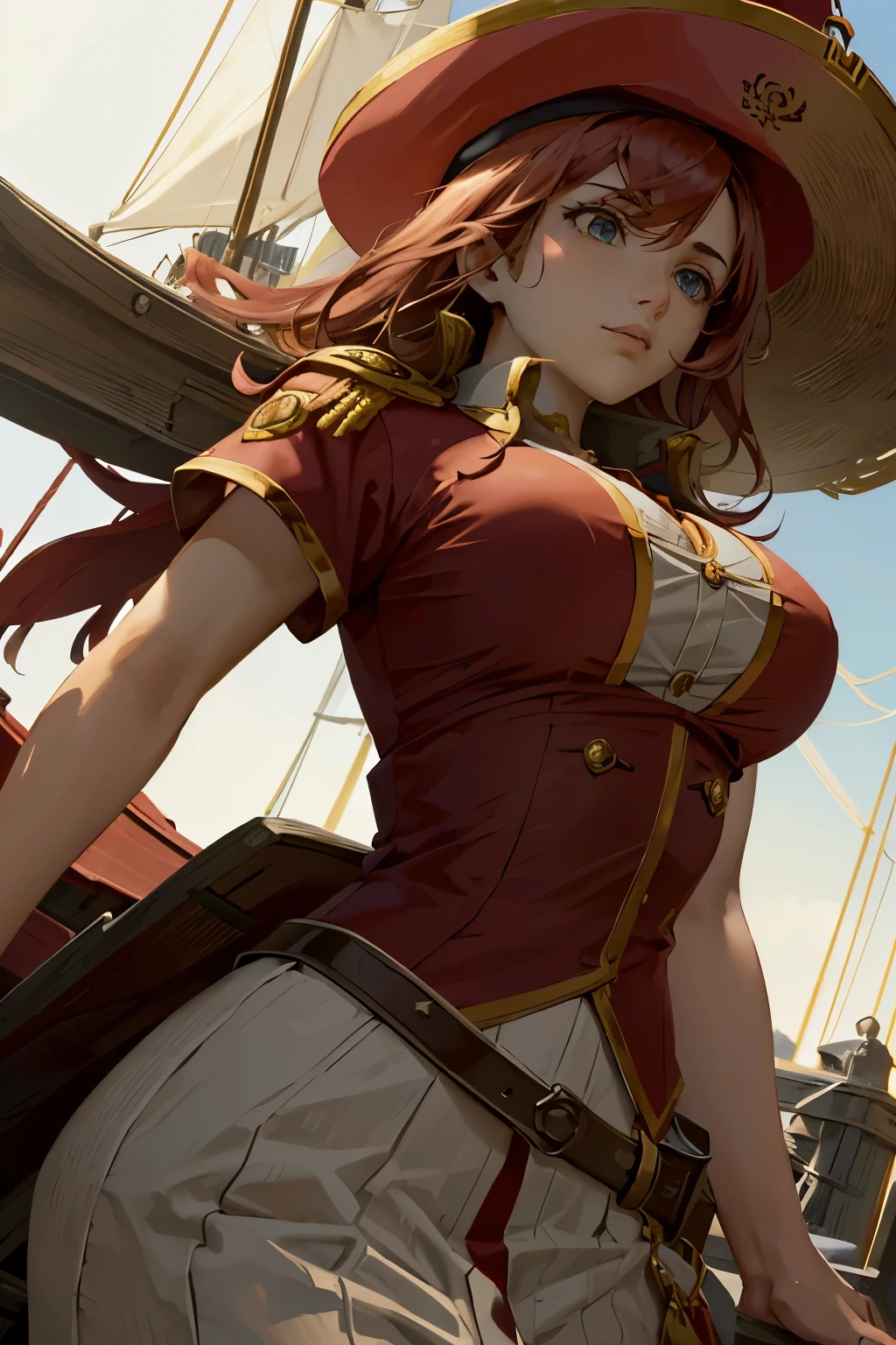 ((medieval world)), (noble's daughter who became a pirate, captain, (medieval European aristocratic dress, luxury jewelry), breasts, she has a long westerner sword), on the deck of a medieval large galleon that was made of woods during the Age of Discovery in the Middle Ages, windy, a lot of cargo, standing and spread legs, ((swollen areolas, pubic hair)), smiling, angle from below,