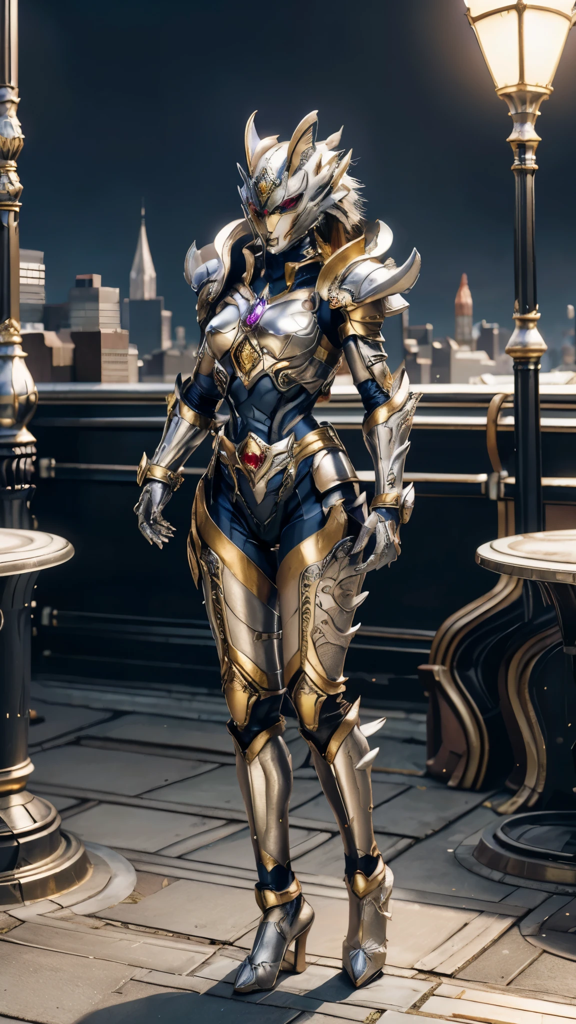 A woman adorned in fantasy-style full-body armor, a crown-concept fully enclosed helmet that unveils only her eyes, a composite layered chest plate, fully encompassing shoulder and hand guards, a lightweight waist armor, form-fitting shin guards, the overall design is heavy-duty yet flexible, ((the armor gleams with a silver glow, complemented by red and white accents)), exhibiting a noble aura, she floats above the Futuristic city, this character embodies a finely crafted fantasy-surreal style armored hero in anime style, exquisite and mature manga art style, (Wolf concept Armor, photorealistic:1.4, real texture material:1.2), ((city night view, elegant, goddess, femminine:1.5)), metallic, high definition, best quality, highres, ultra-detailed, ultra-fine painting, extremely delicate, professional, anatomically correct, symmetrical face, extremely detailed eyes and face, high quality eyes, creativity, RAW photo, UHD, 32k, Natural light, cinematic lighting, masterpiece-anatomy-perfect, masterpiece:1.5