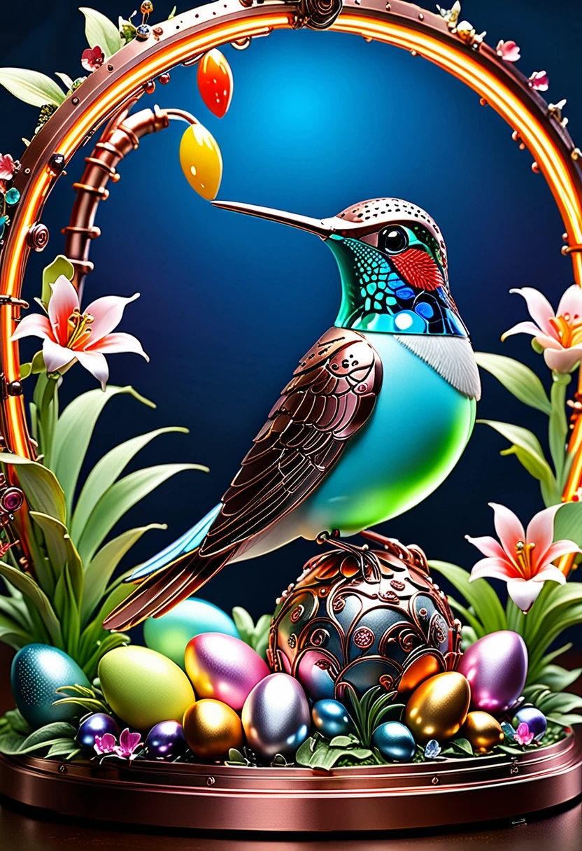 (masterpiece, best quality:1.2), easter style, 一个可爱的机械hummingbird穿着easter style, Made of exquisite copper and silver components,Eyes like glowing gems, Stand in a fantasy garden full of steampunk Easter elements. hummingbirds surrounded by exotic plants and Easter eggs. hummingbird's body shines under the neon lights, Demonstrate the high precision of its mechanical components. The scene incorporates elements of whimsy, science and technology, and tradition, Create a unique and imaginative environment for Easter.