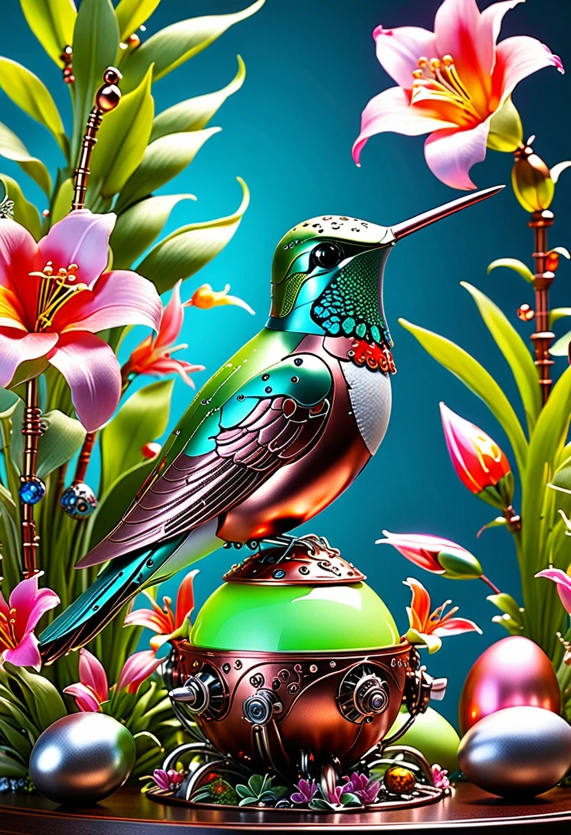 (masterpiece, best quality:1.2), easter style, 一个可爱的机械hummingbird穿着easter style, Made of exquisite copper and silver components,Eyes like glowing gems, Stand in a fantasy garden full of steampunk Easter elements. hummingbirds surrounded by exotic plants and Easter eggs. hummingbird's body shines under the neon lights, Demonstrate the high precision of its mechanical components. The scene incorporates elements of whimsy, science and technology, and tradition, Create a unique and imaginative environment for Easter.