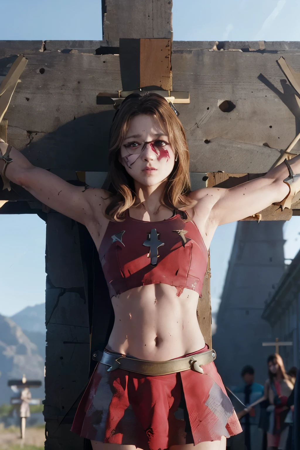 highest quality,masterpiece,UHD, Super detailed, 8K,(Beautiful woman),(一人のBeautiful woman),((crucifixion:1.5)),((cross)),(execution),((incontinence)),scared,torture,slave,((crossにcrucifixionにされた女性:1.5)),crucifixion刑,(supergirl),red skirt,((torn costume:1.4)),(tattered clothes),((Bruises on face and body:1.4)),Defeated heroine,a devastated world,ruins,abandoned building