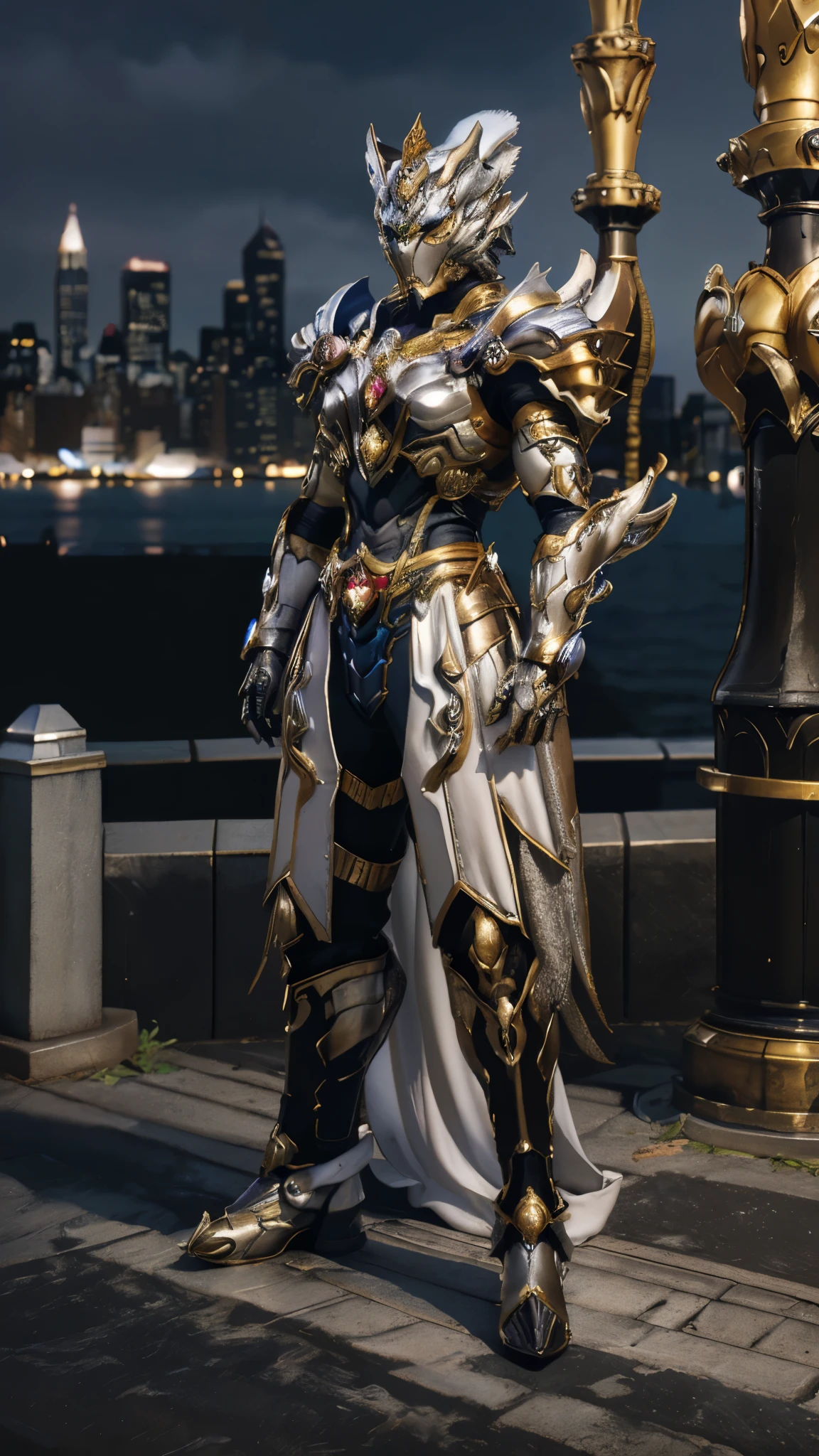 A woman adorned in fantasy-style full-body armor, a crown-concept fully enclosed helmet that unveils only her eyes, a composite layered chest plate, fully encompassing shoulder and hand guards, a lightweight waist armor, form-fitting shin guards, the overall design is heavy-duty yet flexible, ((the armor gleams with a silver glow, complemented by red and white accents)), exhibiting a noble aura, she floats above the Futuristic city, this character embodies a finely crafted fantasy-surreal style armored hero in anime style, exquisite and mature manga art style, (Wolf concept Armor, photorealistic:1.4, real texture material:1.2), ((city night view, elegant, goddess, femminine:1.5)), metallic, high definition, best quality, highres, ultra-detailed, ultra-fine painting, extremely delicate, professional, anatomically correct, symmetrical face, extremely detailed eyes and face, high quality eyes, creativity, RAW photo, UHD, 32k, Natural light, cinematic lighting, masterpiece-anatomy-perfect, masterpiece:1.5