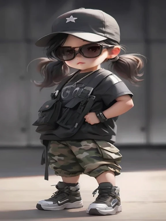 a close-up of one wearing a hat and sunglasses, artwork in the style of Guweiz, the estilo de wlop, adorable digital painting, estilo chibi, Guweiz, estilo anime, estilo de wlop, arte digital fofa, estilo de arte fofo, army clothes, fanart de garota urbana, estilo bonito dos desenhos animados, garota soldado, personagem fofo, roupa de soldado