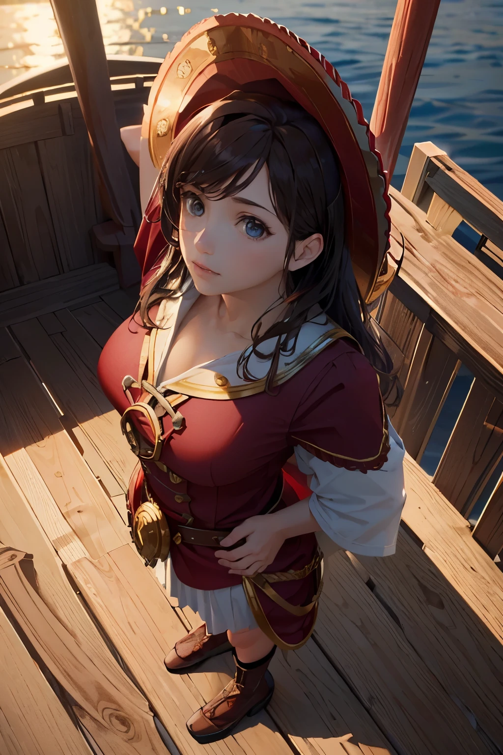 A powerful captain, dressed in red garb, stands on the deck of a marvellous barco with a grand, oversized sombrero on her head. The scene is filled with intricate details, as the sun sets on the tranquil sea, casting realistic shadows on the wooden planks. The CGI rendition, created using Octane render and top lighting, exudes an aura of cinematic excellence, evoking a sense of adventure and mystique. ISO 200 captures the moment in stunning 8K resolution.