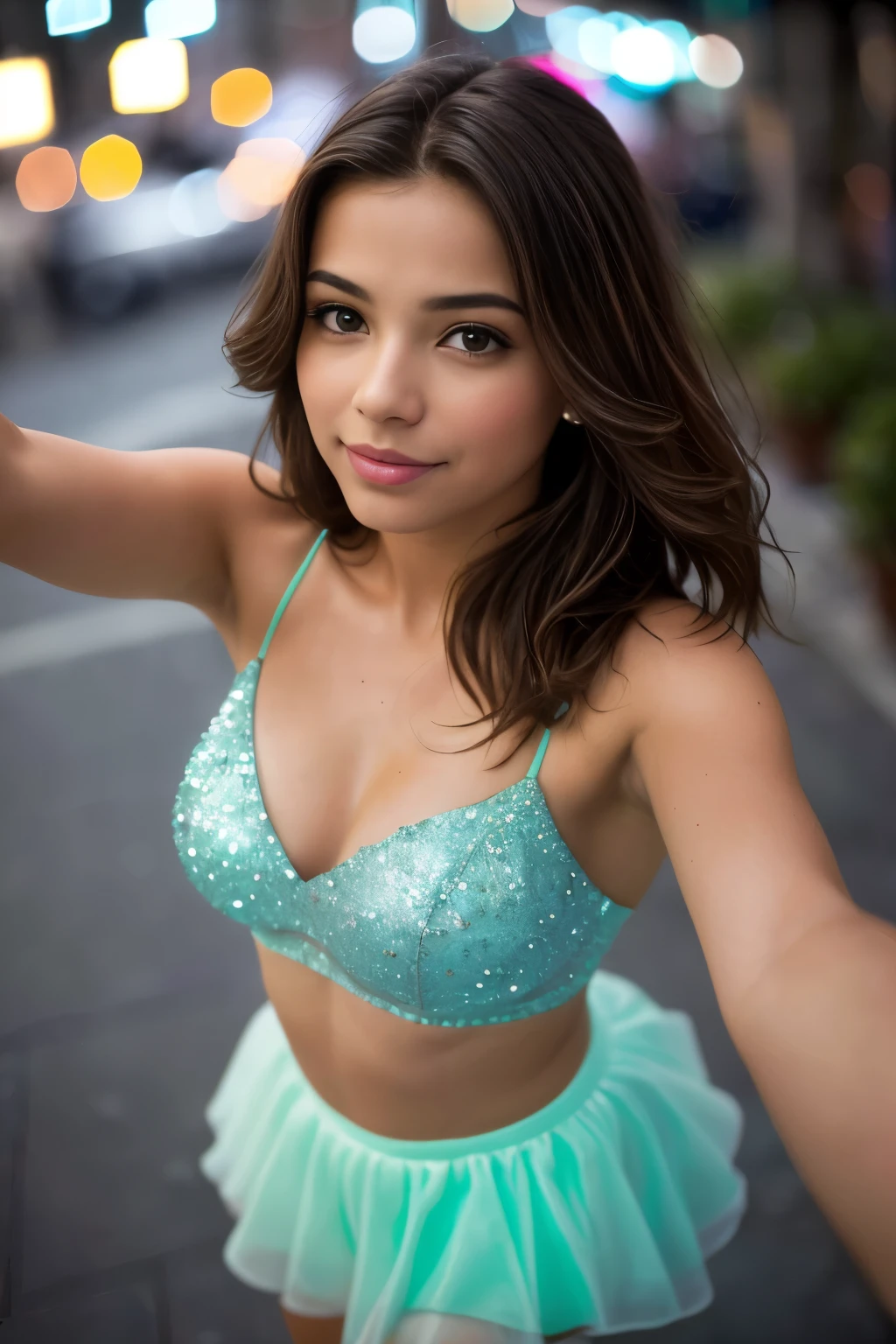 (Tomar selfies, Aerial view: 1.4), (mitad recta del torso: 1.4), Portrait photo of a 14-year-old dark-toned brunette in RAW UHD format (mujer de ojos cafes) Walk down the dark alley, pechos grandes,(tetas grandes), (senos redondos), (foco en las tetas), ciudad de noche, (upskirt), (separar), Detalles (texturas! , cabello! , Resplandeciente, color!! , imperfecciones: 1.1), ojos brillantes muy detalladoirando a la camara), DSLR lighting, reflex camera, ultra calidad, nitidez, Profundidad de campo, film grain (centro), Fujifilm XT3, claro como el cristal, Centro del marco, hermosa cara, Sharp focus, farola, neon lighting, bokeh (dimly lit), Noche, (cielo nocturno), Detalles oculares complejos, cuerpo completo, pechos grandes