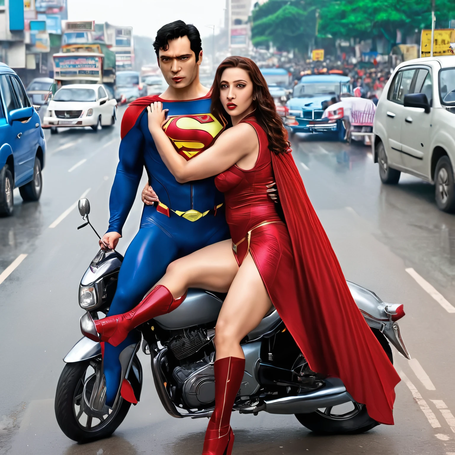 In india, in the middle of traffic, superman is having sex with scarlet witch on the road, and all people on the vehicles are watching him. Full nudity