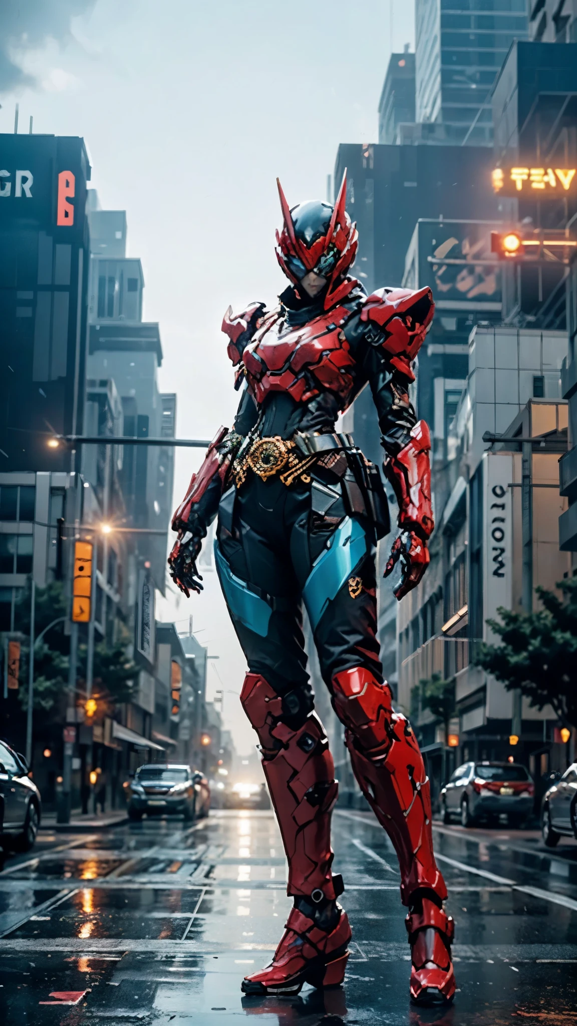 A woman adorned in fantasy-style full-body armor, a crown-concept fully enclosed helmet that unveils only her eyes, a composite layered chest plate, fully encompassing shoulder and hand guards, a lightweight waist armor, form-fitting shin guards, the overall design is heavy-duty yet flexible, ((the armor gleams with a blue glow, complemented by red and black accents)), exhibiting a noble aura, she floats above the Futuristic city, this character embodies a finely crafted fantasy-surreal style armored hero in anime style, exquisite and mature manga art style, (Bat concept Armor, photorealistic:1.4, real texture material:1.2), ((city night view, elegant, goddess, femminine:1.5)), metallic, high definition, best quality, highres, ultra-detailed, ultra-fine painting, extremely delicate, professional, anatomically correct, symmetrical face, extremely detailed eyes and face, high quality eyes, creativity, RAW photo, UHD, 32k, Natural light, cinematic lighting, masterpiece-anatomy-perfect, masterpiece:1.5