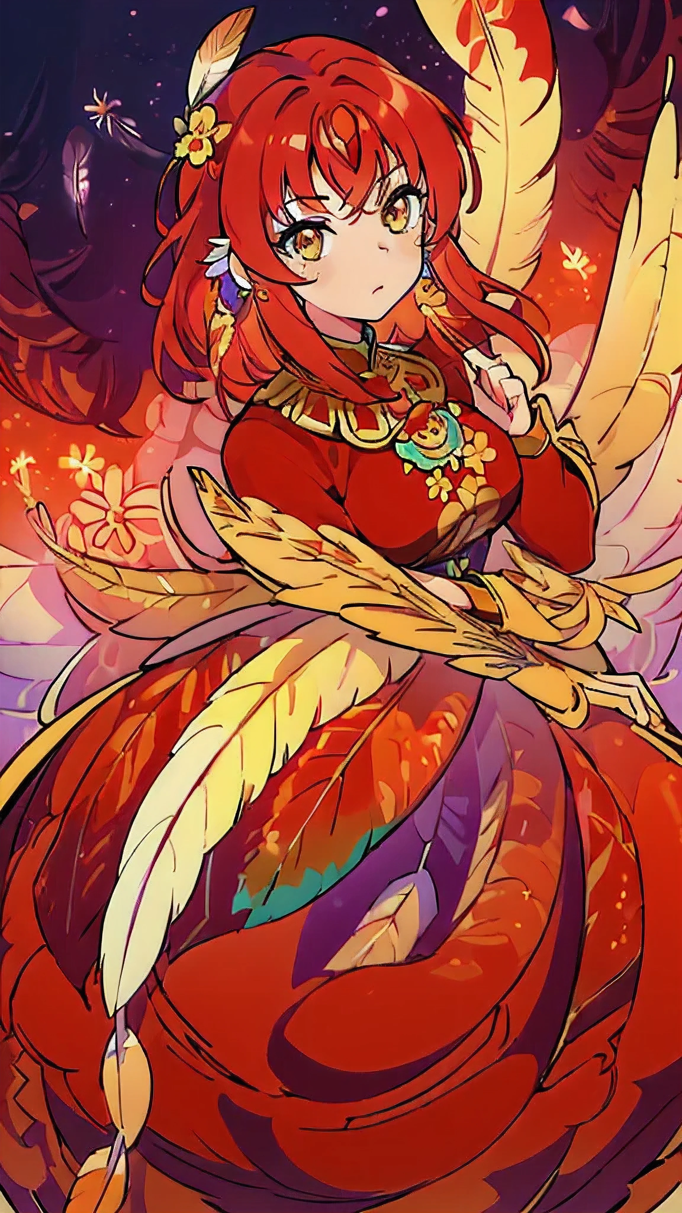 (masterpiece, top quality, best quality, official art, beautiful and aesthetic:1.2), (1girl:1.3), extremely detailed,(fractal art:1.1),(colorful:1.1)(flowers:1.3),highest detailed,(zentangle:1.2), (dynamic pose), (abstract background:1.3), (shiny skin), (many colors:1.4), ,(earrings), (feathers:1.5),red background,Phoenix dress, a girl with red hair looking at viewer