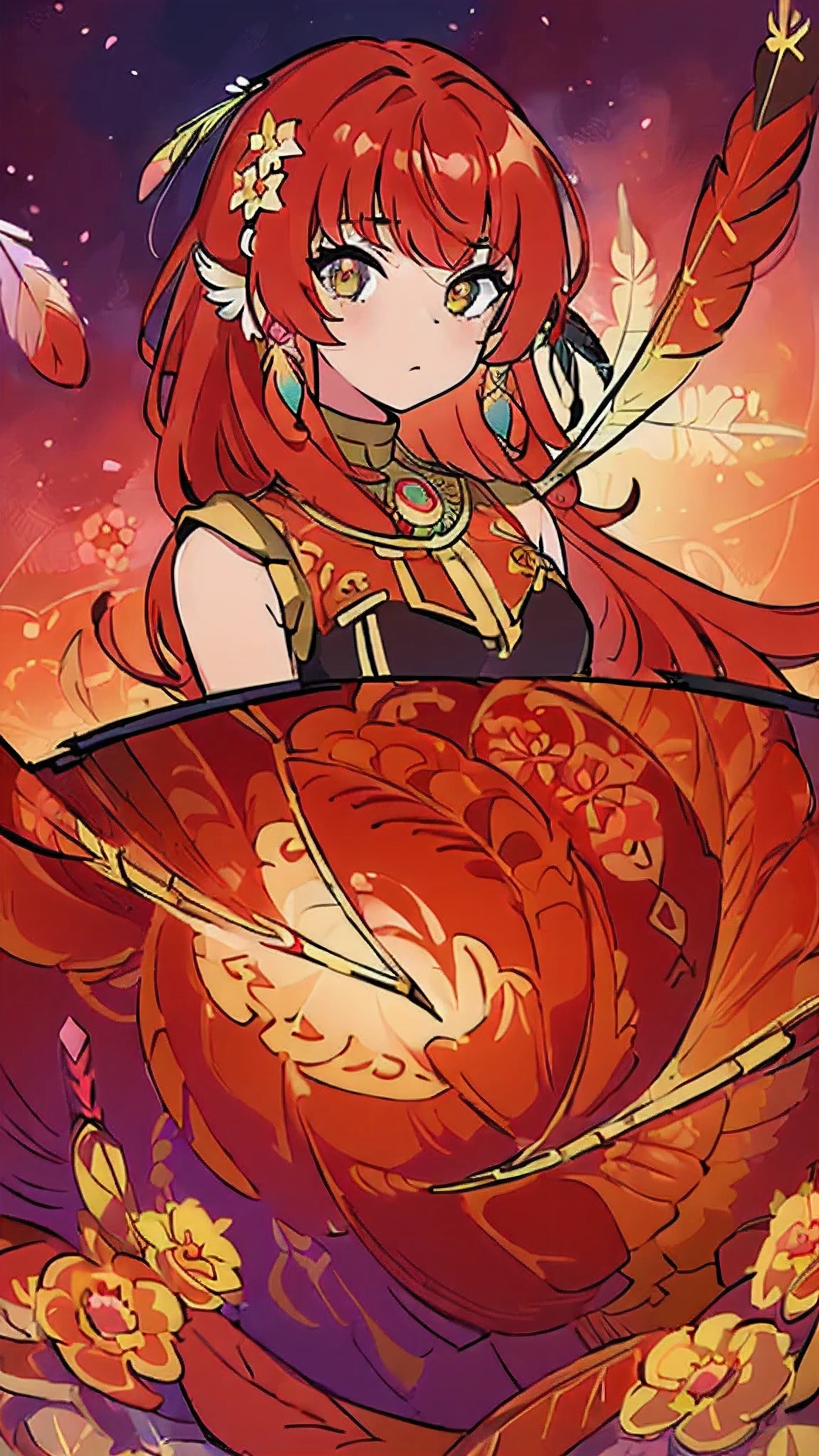 (masterpiece, top quality, best quality, official art, beautiful and aesthetic:1.2), (1girl:1.3), extremely detailed,(fractal art:1.1),(colorful:1.1)(flowers:1.3),highest detailed,(zentangle:1.2), (dynamic pose), (abstract background:1.3), (shiny skin), (many colors:1.4), ,(earrings), (feathers:1.5),red background,Phoenix dress, a girl with red hair looking at viewer