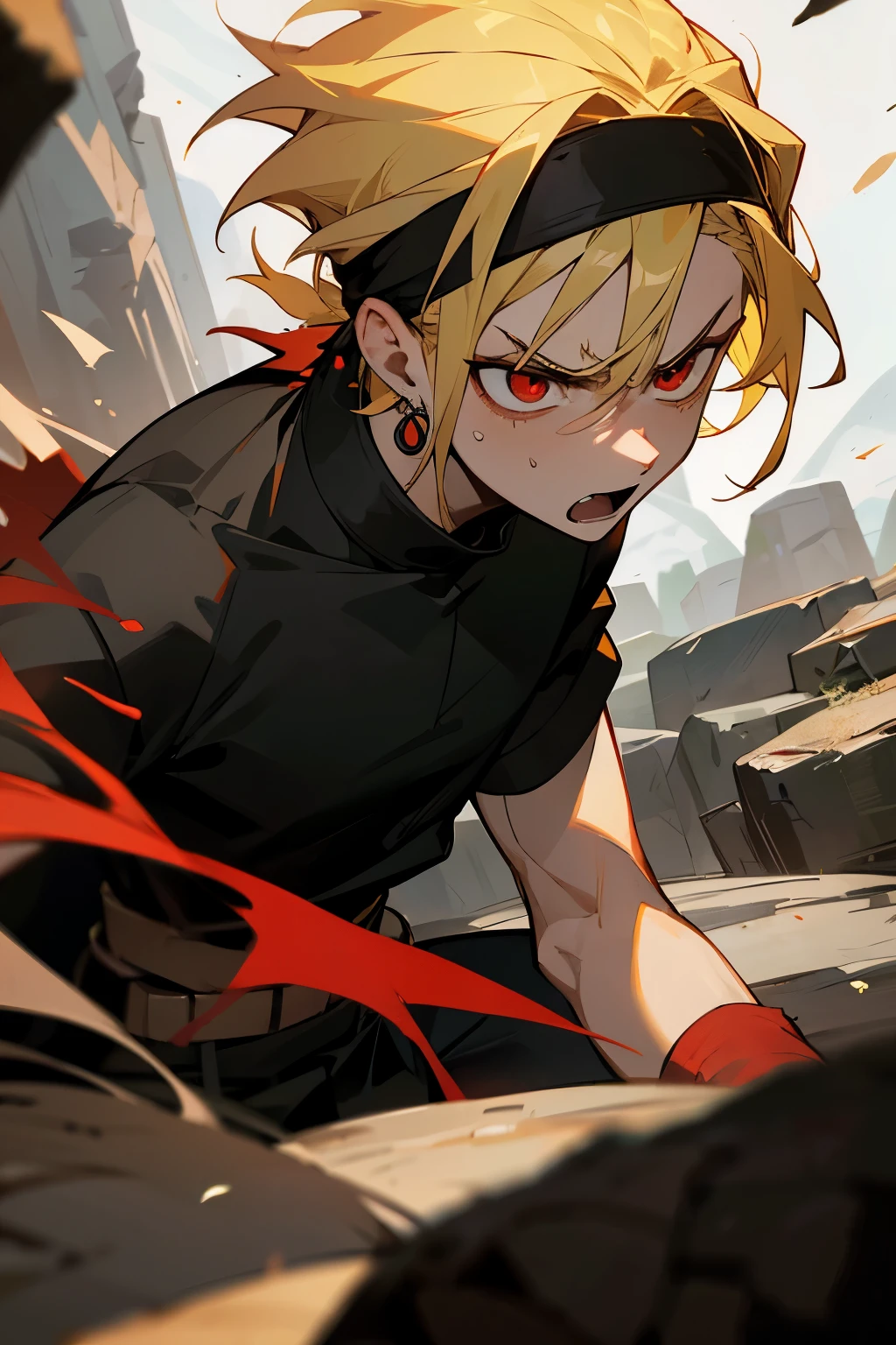 avatar, blonde hair, black shirt, earrings, young male, angry, red eyes, rocky terrain, black headband
