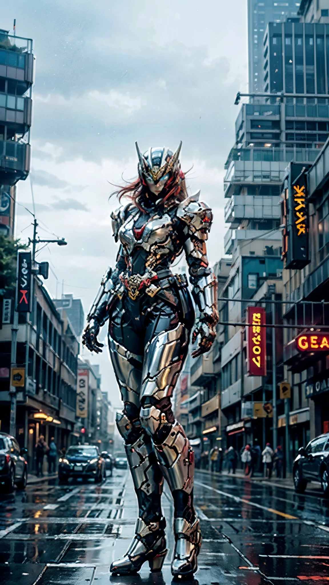 A woman adorned in fantasy-style full-body armor, a crown-concept fully enclosed helmet that unveils only her eyes, a composite layered chest plate, fully encompassing shoulder and hand guards, a lightweight waist armor, form-fitting shin guards, the overall design is heavy-duty yet flexible, ((the armor gleams with a silver glow, complemented by red and white accents)), exhibiting a noble aura, she floats above the Futuristic city, this character embodies a finely crafted fantasy-surreal style armored hero in anime style, exquisite and mature manga art style, (Wolf concept Armor, photorealistic:1.4, real texture material:1.2), ((city night view, elegant, goddess, femminine:1.5)), metallic, high definition, best quality, highres, ultra-detailed, ultra-fine painting, extremely delicate, professional, anatomically correct, symmetrical face, extremely detailed eyes and face, high quality eyes, creativity, RAW photo, UHD, 32k, Natural light, cinematic lighting, masterpiece-anatomy-perfect, masterpiece:1.5