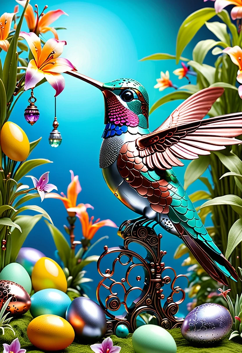 (masterpiece, best quality:1.2), easter style, 一个可爱的机械hummingbird穿着easter style, Made of exquisite copper and silver components,Eyes like glowing gems, Stand in a fantasy garden full of steampunk Easter elements. hummingbirds surrounded by exotic plants and Easter eggs. hummingbird's body shines under the neon lights, Demonstrate the high precision of its mechanical components. The scene incorporates elements of whimsy, science and technology, and tradition, Create a unique and imaginative environment for Easter.