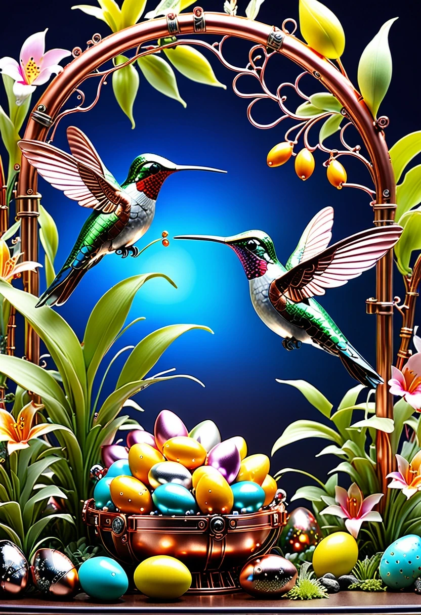 (masterpiece, best quality:1.2), easter style, 一个可爱的机械hummingbird穿着easter style, Made of exquisite copper and silver components,Eyes like glowing gems, Stand in a fantasy garden full of steampunk Easter elements. hummingbirds surrounded by exotic plants and Easter eggs. hummingbird's body shines under the neon lights, Demonstrate the high precision of its mechanical components. The scene incorporates elements of whimsy, science and technology, and tradition, Create a unique and imaginative environment for Easter.