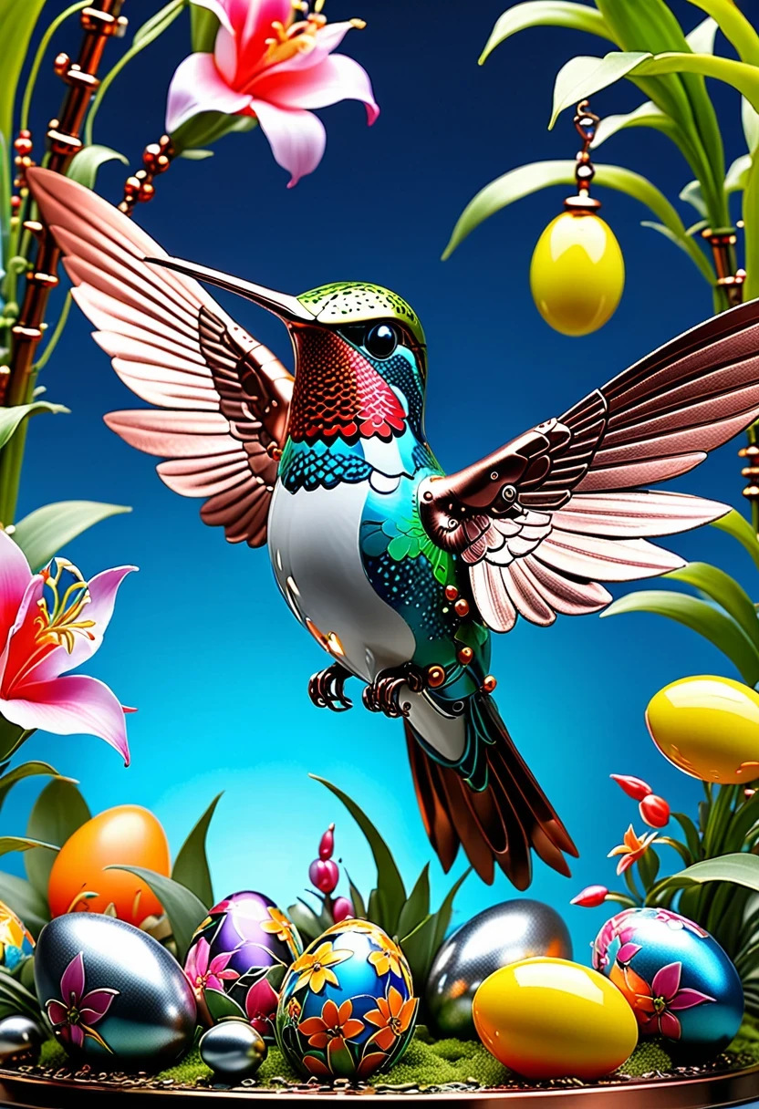 (masterpiece, best quality:1.2), easter style,  一个可爱的机械hummingbird穿着easter style, Made of exquisite copper and silver components，Eyes like glowing gems, Stand in a fantasy garden full of steampunk Easter elements. hummingbirds surrounded by exotic plants and Easter eggs. hummingbird&#39;s body shines under the neon lights, Demonstrate the high precision of its mechanical components. The scene incorporates elements of whimsy, science and technology, and tradition, Create a unique and imaginative environment for Easter.