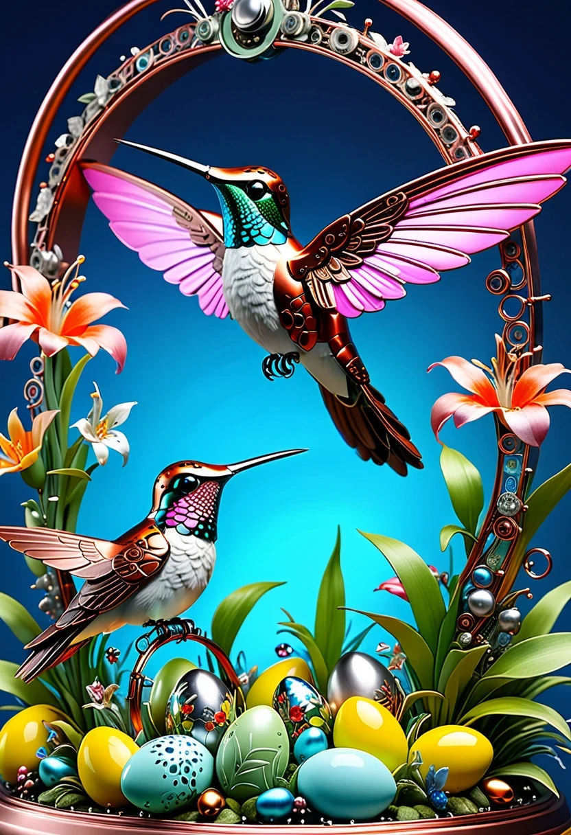 (masterpiece, best quality:1.2), easter style, 一个可爱的机械hummingbird穿着easter style, Made of exquisite copper and silver components,Eyes like glowing gems, Stand in a fantasy garden full of steampunk Easter elements. hummingbirds surrounded by exotic plants and Easter eggs. hummingbird's body shines under the neon lights, Demonstrate the high precision of its mechanical components. The scene incorporates elements of whimsy, science and technology, and tradition, Create a unique and imaginative environment for Easter.