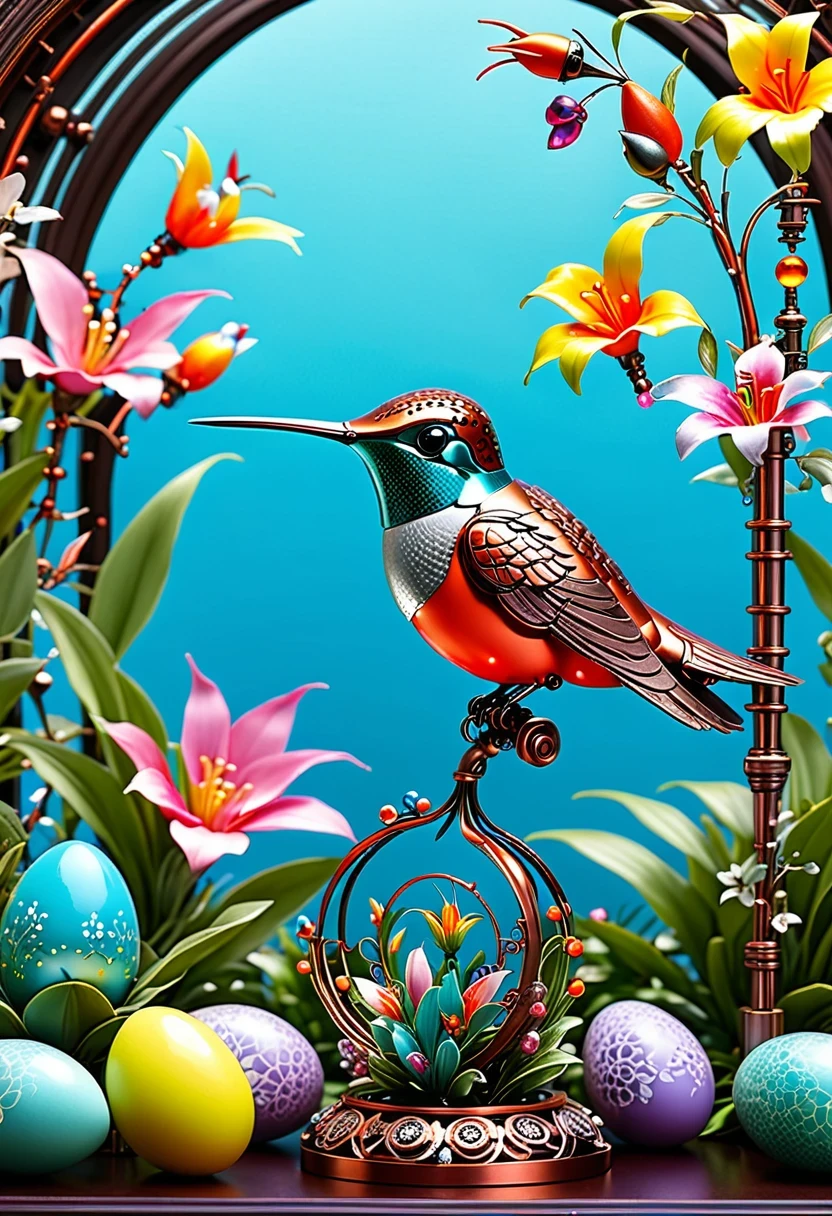 (masterpiece, best quality:1.2), easter style, 一个可爱的机械hummingbird穿着easter style, Made of exquisite copper and silver components,Eyes like glowing gems, Stand in a fantasy garden full of steampunk Easter elements. hummingbirds surrounded by exotic plants and Easter eggs. hummingbird's body shines under the neon lights, Demonstrate the high precision of its mechanical components. The scene incorporates elements of whimsy, science and technology, and tradition, Create a unique and imaginative environment for Easter.