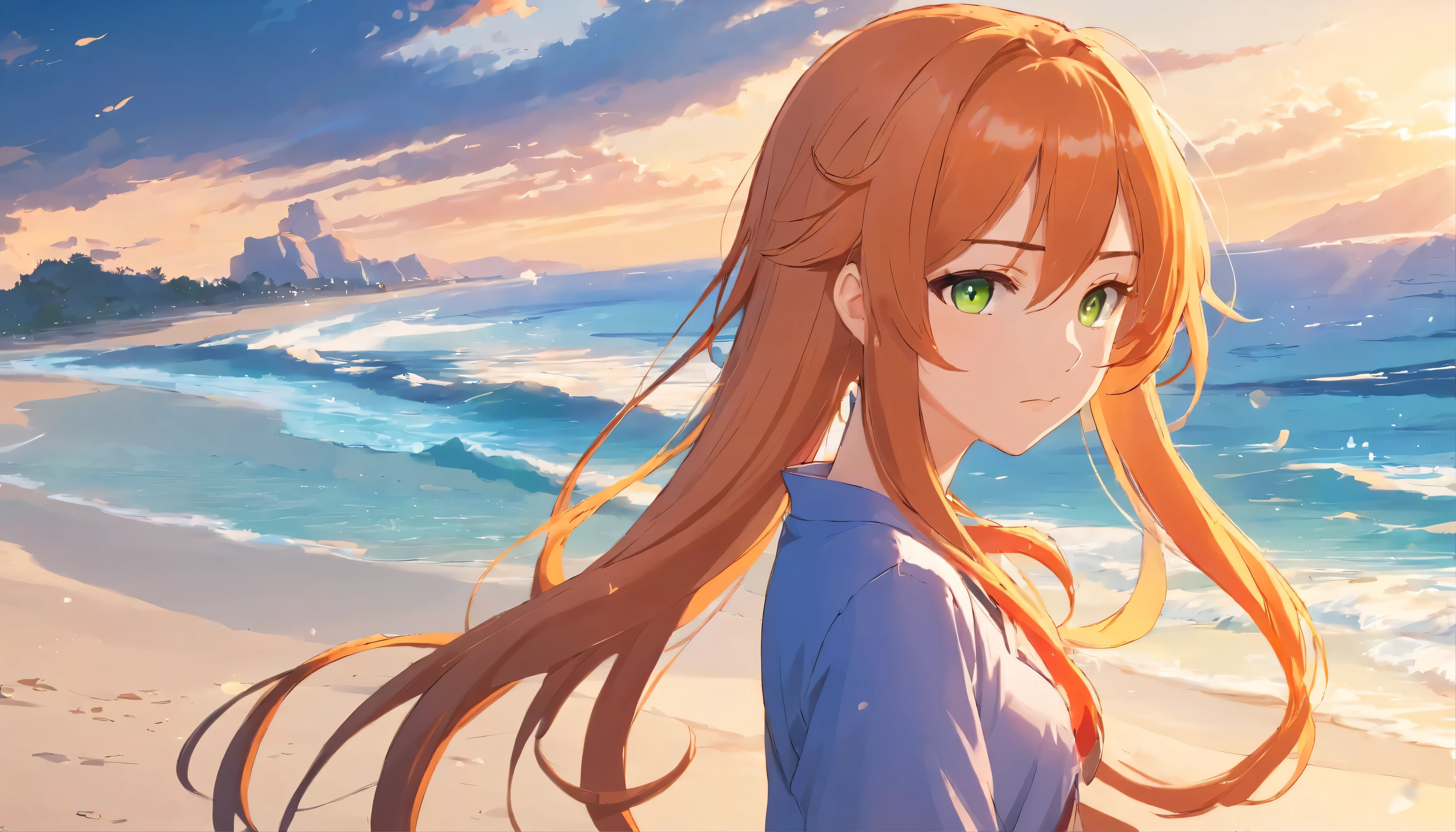 Anime girl with long orange hair, standing on the beach near the ocean, green eyes detailed digital anime art, Anime girl with long hair, гладкое аниме cg art, Anime girl with long hair, digital anime art, work in Guweiz style, Beautiful anime portrait, Photorealistic render of an anime girl, Beautiful anime girl, advanced digital anime art, guweiz на artstation pixiv HD UHD HQ