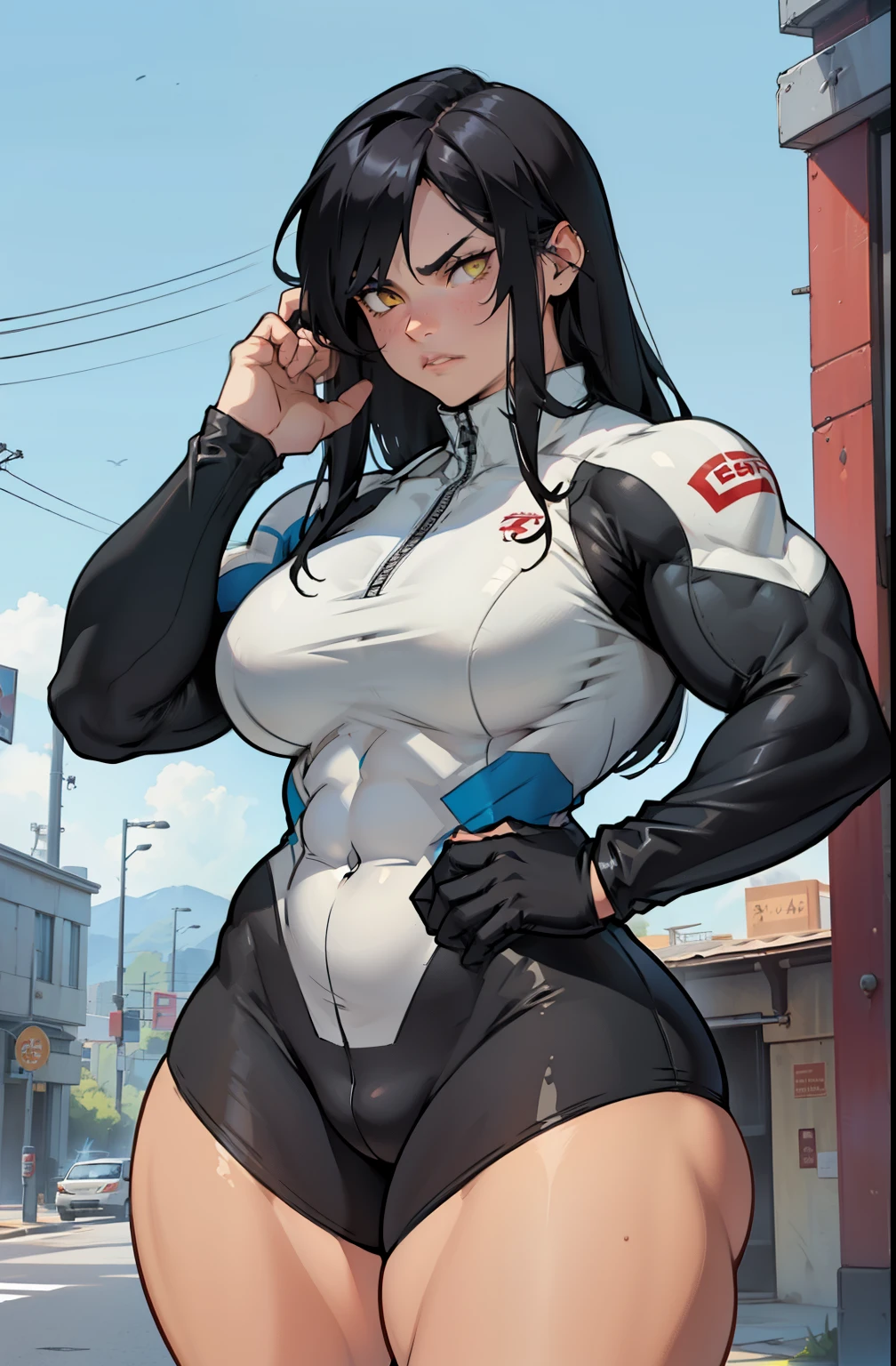 best quality (((((girl muscular thick thighs))))) (full bodysuit cowboy-shot) pale skin black hair yellow eyes very long hair angry