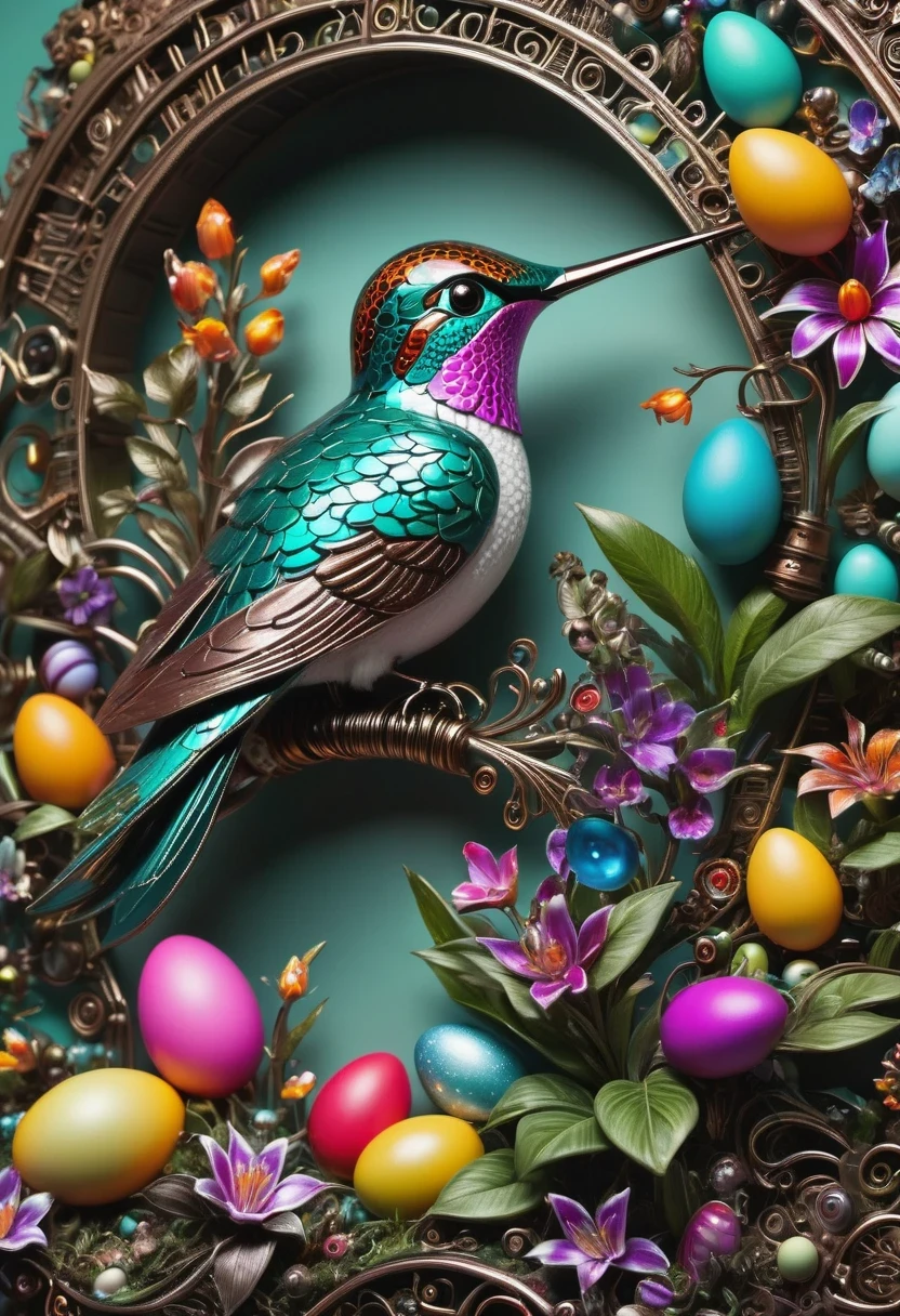 (masterpiece, best quality:1.2), easter style, 一个可爱的机械hummingbird穿着easter style, Made of exquisite copper and silver components,Eyes like glowing gems, Stand in a fantasy garden full of steampunk Easter elements. hummingbirds surrounded by exotic plants and Easter eggs. hummingbird's body shines under the neon lights, Demonstrate the high precision of its mechanical components. The scene incorporates elements of whimsy, science and technology, and tradition, Create a unique and imaginative environment for Easter.