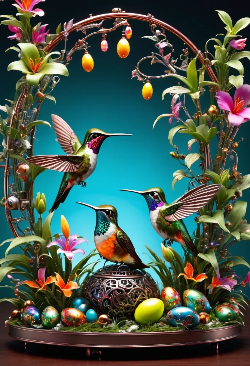 (masterpiece, best quality:1.2), easter style, 一个可爱的机械hummingbird穿着easter style, Made of exquisite copper and silver components,Eyes like glowing gems, Stand in a fantasy garden full of steampunk Easter elements. hummingbirds surrounded by exotic plants and Easter eggs. hummingbird's body shines under the neon lights, Demonstrate the high precision of its mechanical components. The scene incorporates elements of whimsy, science and technology, and tradition, Create a unique and imaginative environment for Easter.