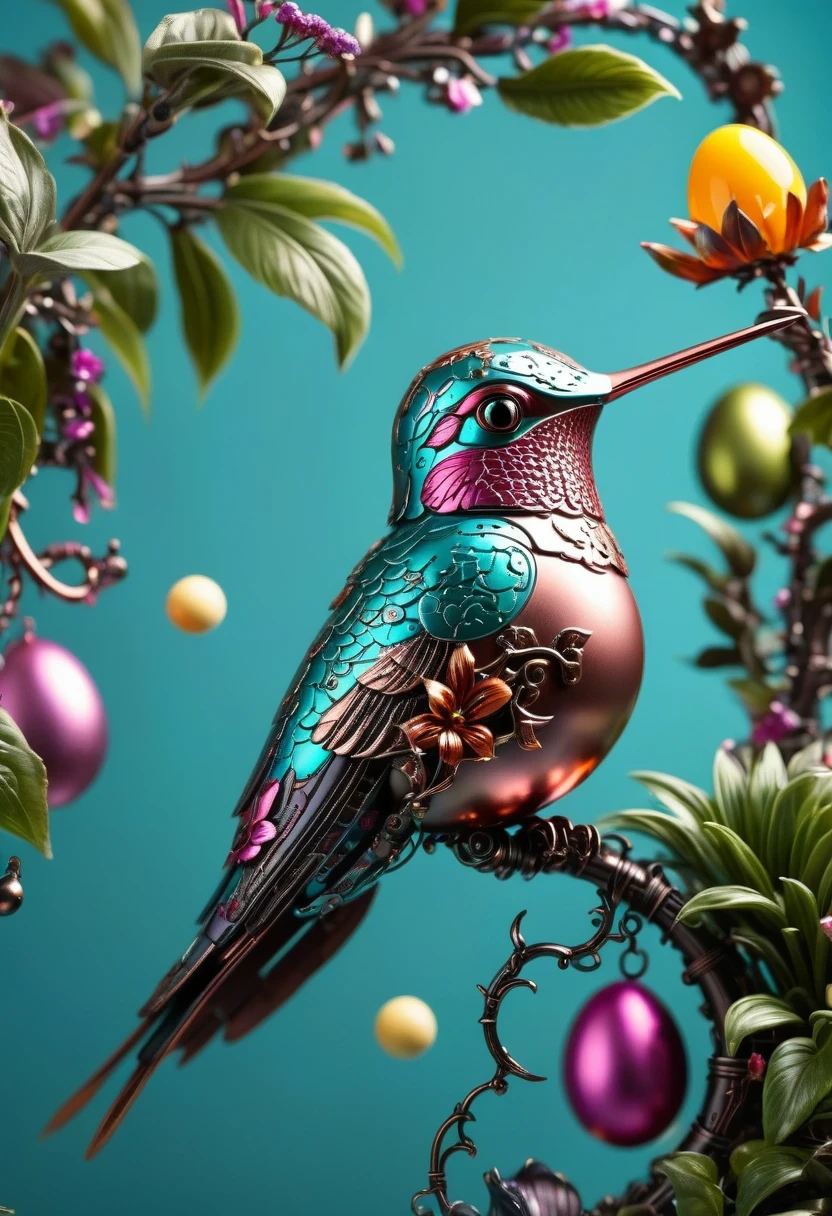 (masterpiece, best quality:1.2), easter style, 一个可爱的机械hummingbird穿着easter style, Made of exquisite copper and silver components,Eyes like glowing gems, Stand in a fantasy garden full of steampunk Easter elements. hummingbirds surrounded by exotic plants and Easter eggs. hummingbird's body shines under the neon lights, Demonstrate the high precision of its mechanical components. The scene incorporates elements of whimsy, science and technology, and tradition, Create a unique and imaginative environment for Easter.