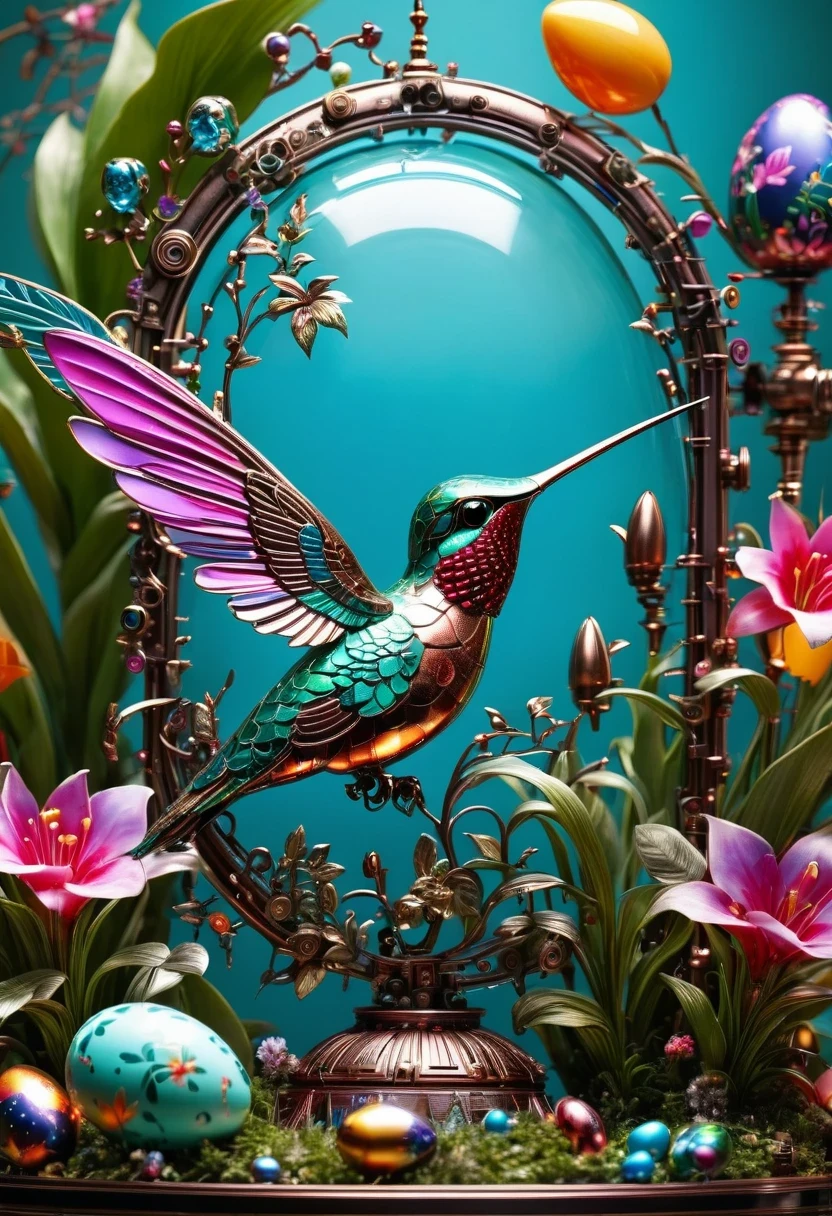 (masterpiece, best quality:1.2), easter style, 一个可爱的机械hummingbird穿着easter style, Made of exquisite copper and silver components,Eyes like glowing gems, Stand in a fantasy garden full of steampunk Easter elements. hummingbirds surrounded by exotic plants and Easter eggs. hummingbird's body shines under the neon lights, Demonstrate the high precision of its mechanical components. The scene incorporates elements of whimsy, science and technology, and tradition, Create a unique and imaginative environment for Easter.
