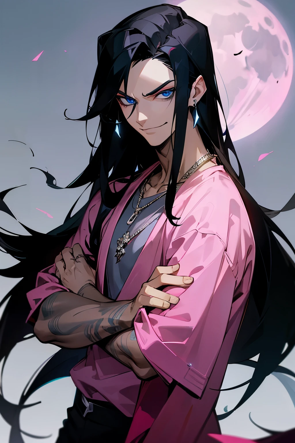 avatar,long black hair, silver necklace, pink shirt, earrings, tattoo, young male, smirking, blue eyes, moonlight