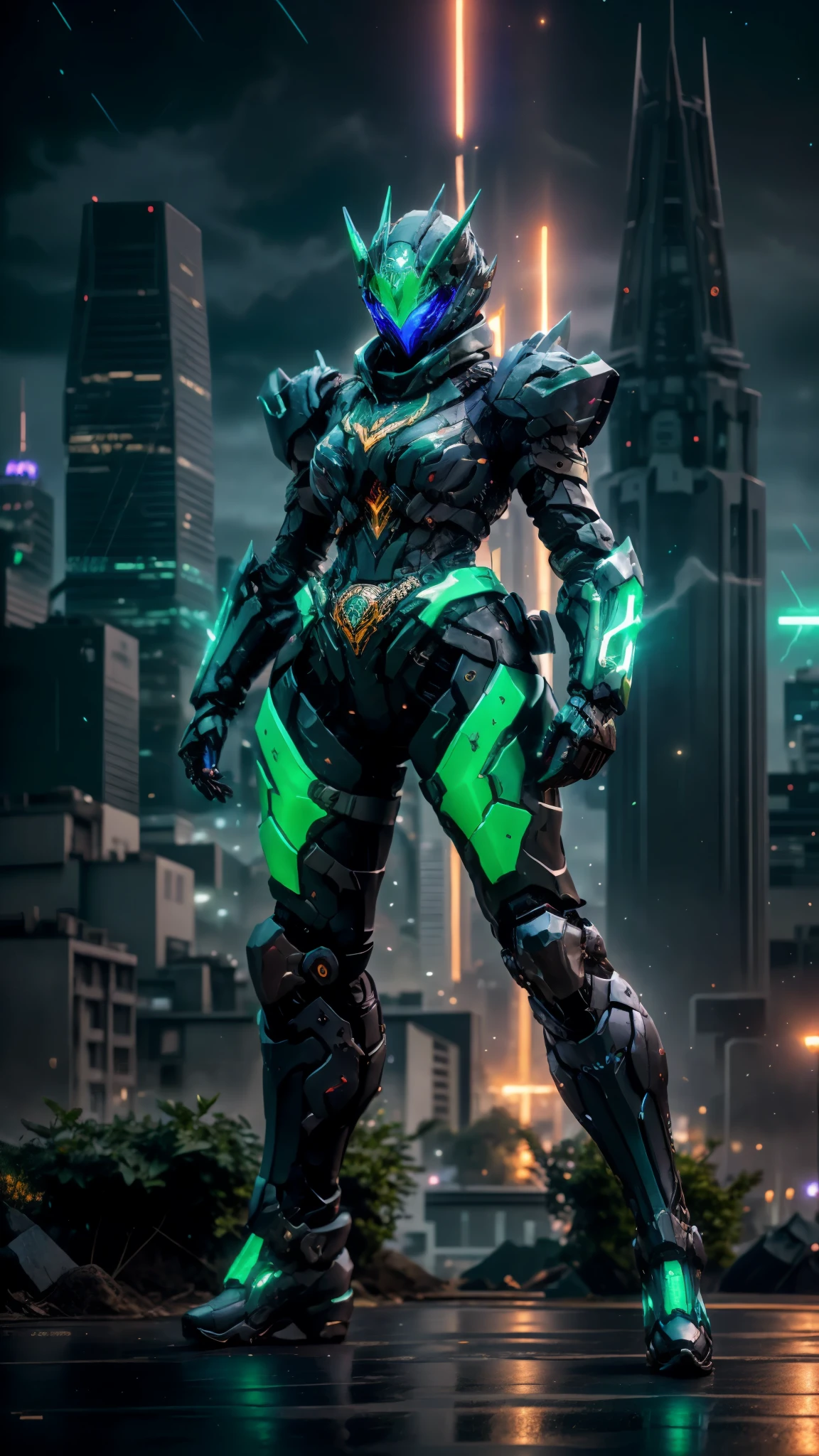 A woman adorned in fantasy-style full-body armor, a crown-concept fully enclosed helmet that unveils only her eyes, a composite layered chest plate, fully encompassing shoulder and hand guards, a lightweight waist armor, form-fitting shin guards, the overall design is heavy-duty yet flexible, ((the armor gleams with a blue glow, complemented by red and green accents)), exhibiting a noble aura, she floats above the Futuristic city, this character embodies a finely crafted fantasy-surreal style armored hero in anime style, exquisite and mature manga art style, (Godzilla concept Armor, photorealistic:1.4, real texture material:1.2), ((city night view, element, energy, elegant, goddess, femminine:1.5)), metallic, high definition, best quality, highres, ultra-detailed, ultra-fine painting, extremely delicate, professional, anatomically correct, symmetrical face, extremely detailed eyes and face, high quality eyes, creativity, RAW photo, UHD, 32k, Natural light, cinematic lighting, masterpiece-anatomy-perfect, masterpiece:1.5