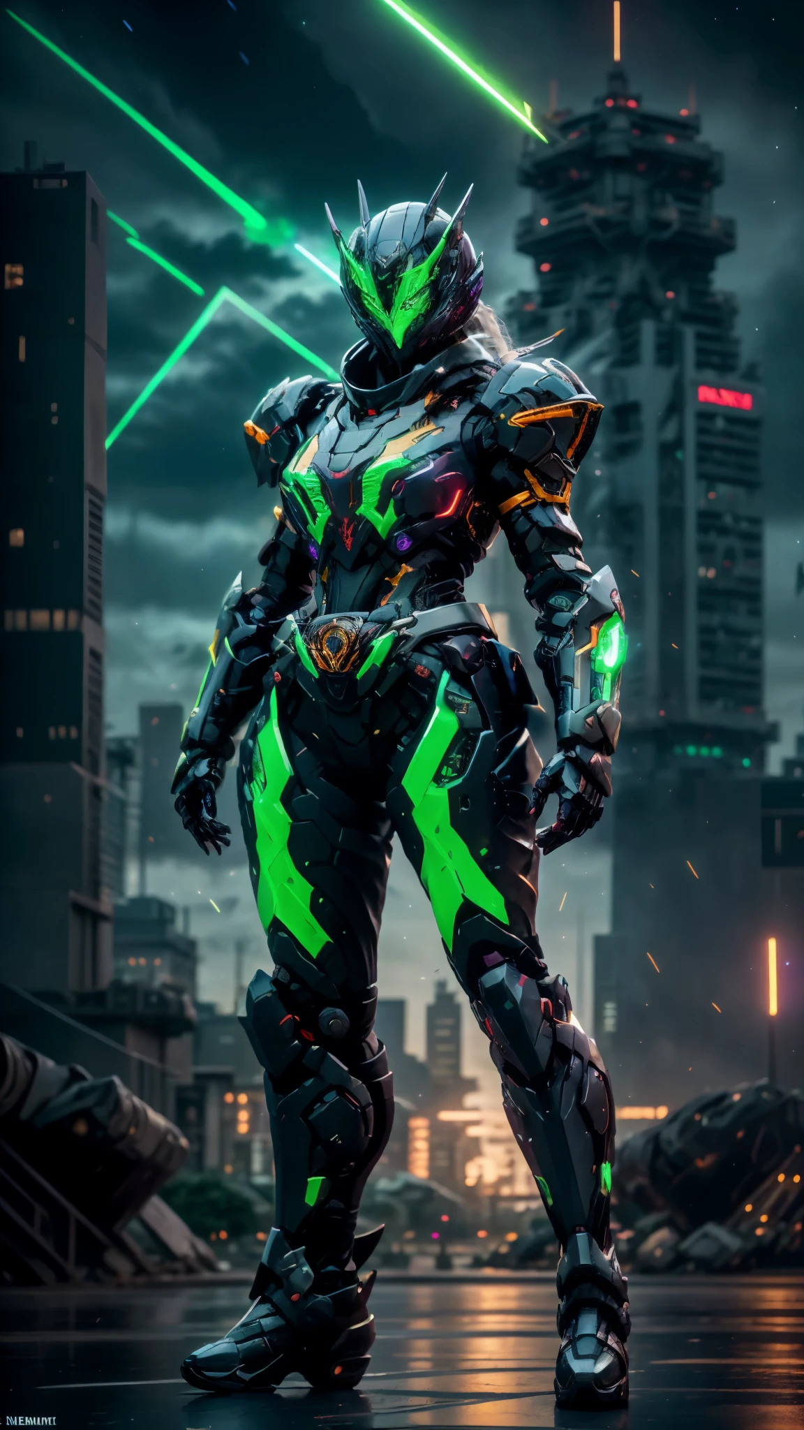 A woman adorned in fantasy-style full-body armor, a crown-concept fully enclosed helmet that unveils only her eyes, a composite layered chest plate, fully encompassing shoulder and hand guards, a lightweight waist armor, form-fitting shin guards, the overall design is heavy-duty yet flexible, ((the armor gleams with a blue glow, complemented by red and green accents)), exhibiting a noble aura, she floats above the Futuristic city, this character embodies a finely crafted fantasy-surreal style armored hero in anime style, exquisite and mature manga art style, (Godzilla concept Armor, photorealistic:1.4, real texture material:1.2), ((city night view, element, energy, elegant, goddess, femminine:1.5)), metallic, high definition, best quality, highres, ultra-detailed, ultra-fine painting, extremely delicate, professional, anatomically correct, symmetrical face, extremely detailed eyes and face, high quality eyes, creativity, RAW photo, UHD, 32k, Natural light, cinematic lighting, masterpiece-anatomy-perfect, masterpiece:1.5