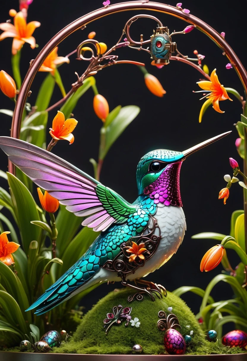 (masterpiece, best quality:1.2), easter style,  一个可爱的机械hummingbird穿着easter style, Made of exquisite copper and silver components，Eyes like glowing gems, Stand in a fantasy garden full of steampunk Easter elements. hummingbird holding an easter egg，Surrounded by exotic plants and Easter eggs. hummingbird&#39;s body shines under the neon lights, Demonstrate the high precision of its mechanical components. The scene incorporates elements of whimsy, science and technology, and tradition, Create a unique and imaginative environment for Easter.