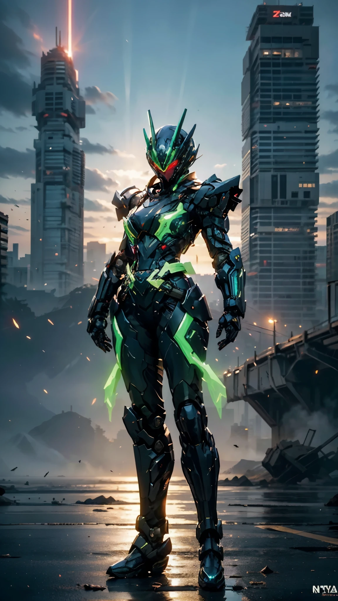 A woman adorned in fantasy-style full-body armor, a crown-concept fully enclosed helmet that unveils only her eyes, a composite layered chest plate, fully encompassing shoulder and hand guards, a lightweight waist armor, form-fitting shin guards, the overall design is heavy-duty yet flexible, ((the armor gleams with a blue glow, complemented by red and green accents)), exhibiting a noble aura, she floats above the Futuristic city, this character embodies a finely crafted fantasy-surreal style armored hero in anime style, exquisite and mature manga art style, (Godzilla concept Armor, photorealistic:1.4, real texture material:1.2), ((city night view, element, energy, elegant, goddess, femminine:1.5)), metallic, high definition, best quality, highres, ultra-detailed, ultra-fine painting, extremely delicate, professional, anatomically correct, symmetrical face, extremely detailed eyes and face, high quality eyes, creativity, RAW photo, UHD, 32k, Natural light, cinematic lighting, masterpiece-anatomy-perfect, masterpiece:1.5