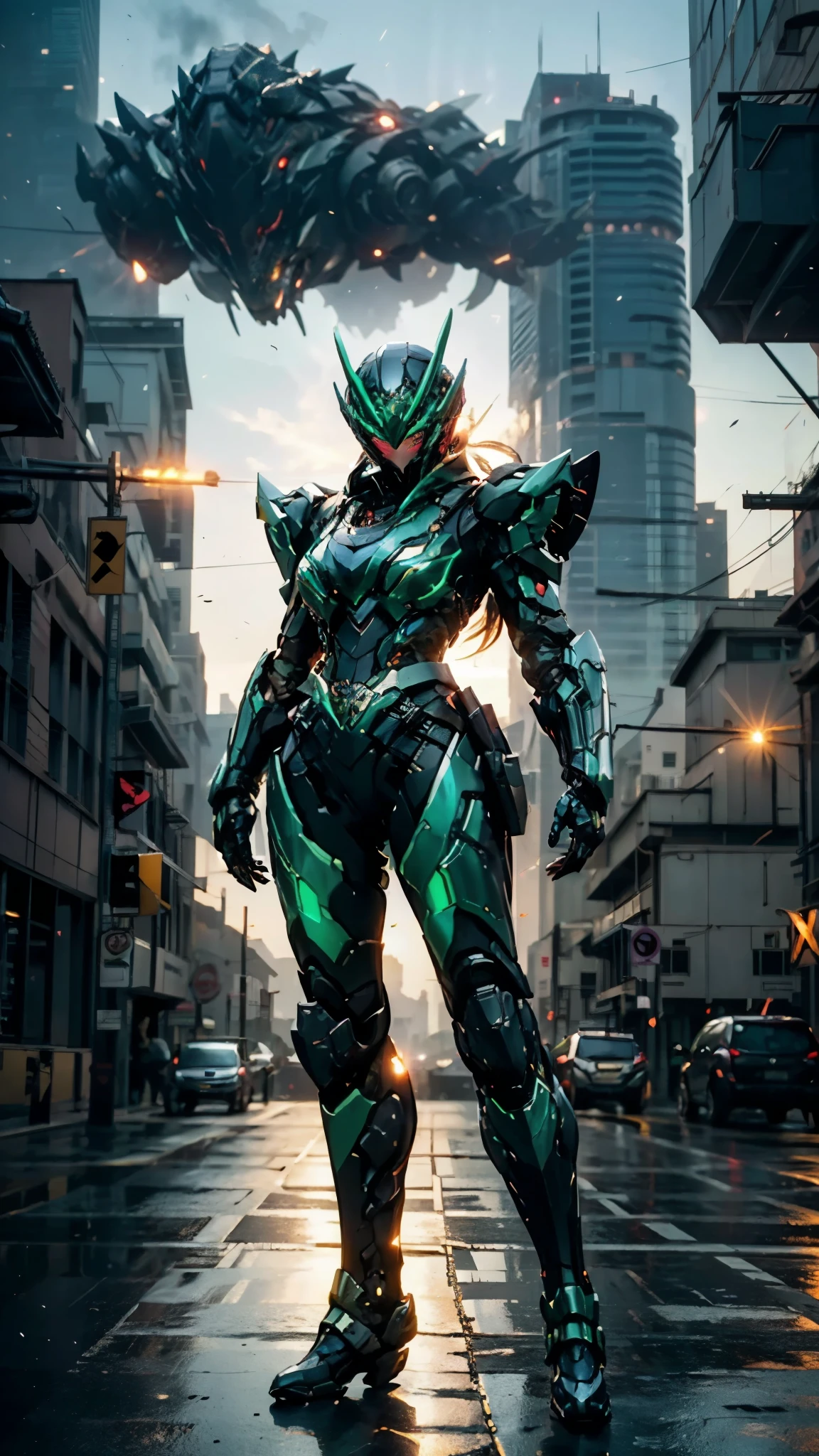 A woman adorned in fantasy-style full-body armor, a crown-concept fully enclosed helmet that unveils only her eyes, a composite layered chest plate, fully encompassing shoulder and hand guards, a lightweight waist armor, form-fitting shin guards, the overall design is heavy-duty yet flexible, ((the armor gleams with a blue glow, complemented by red and green accents)), exhibiting a noble aura, she floats above the Futuristic city, this character embodies a finely crafted fantasy-surreal style armored hero in anime style, exquisite and mature manga art style, (Godzilla concept Armor, photorealistic:1.4, real texture material:1.2), ((city night view, element, energy, elegant, goddess, femminine:1.5)), metallic, high definition, best quality, highres, ultra-detailed, ultra-fine painting, extremely delicate, professional, anatomically correct, symmetrical face, extremely detailed eyes and face, high quality eyes, creativity, RAW photo, UHD, 32k, Natural light, cinematic lighting, masterpiece-anatomy-perfect, masterpiece:1.5