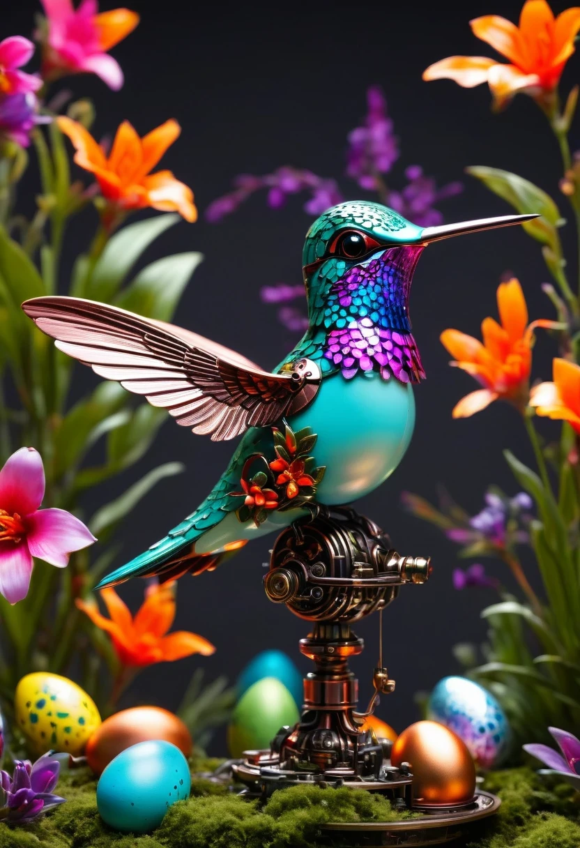 (masterpiece, best quality:1.2), easter style,  一个可爱的机械hummingbird穿着easter style, Made of exquisite copper and silver components，Eyes like glowing gems, Stand in a fantasy garden full of steampunk Easter elements. hummingbird holding an easter egg，Surrounded by exotic plants and Easter eggs. hummingbird&#39;s body shines under the neon lights, Demonstrate the high precision of its mechanical components. The scene incorporates elements of whimsy, science and technology, and tradition, Create a unique and imaginative environment for Easter.