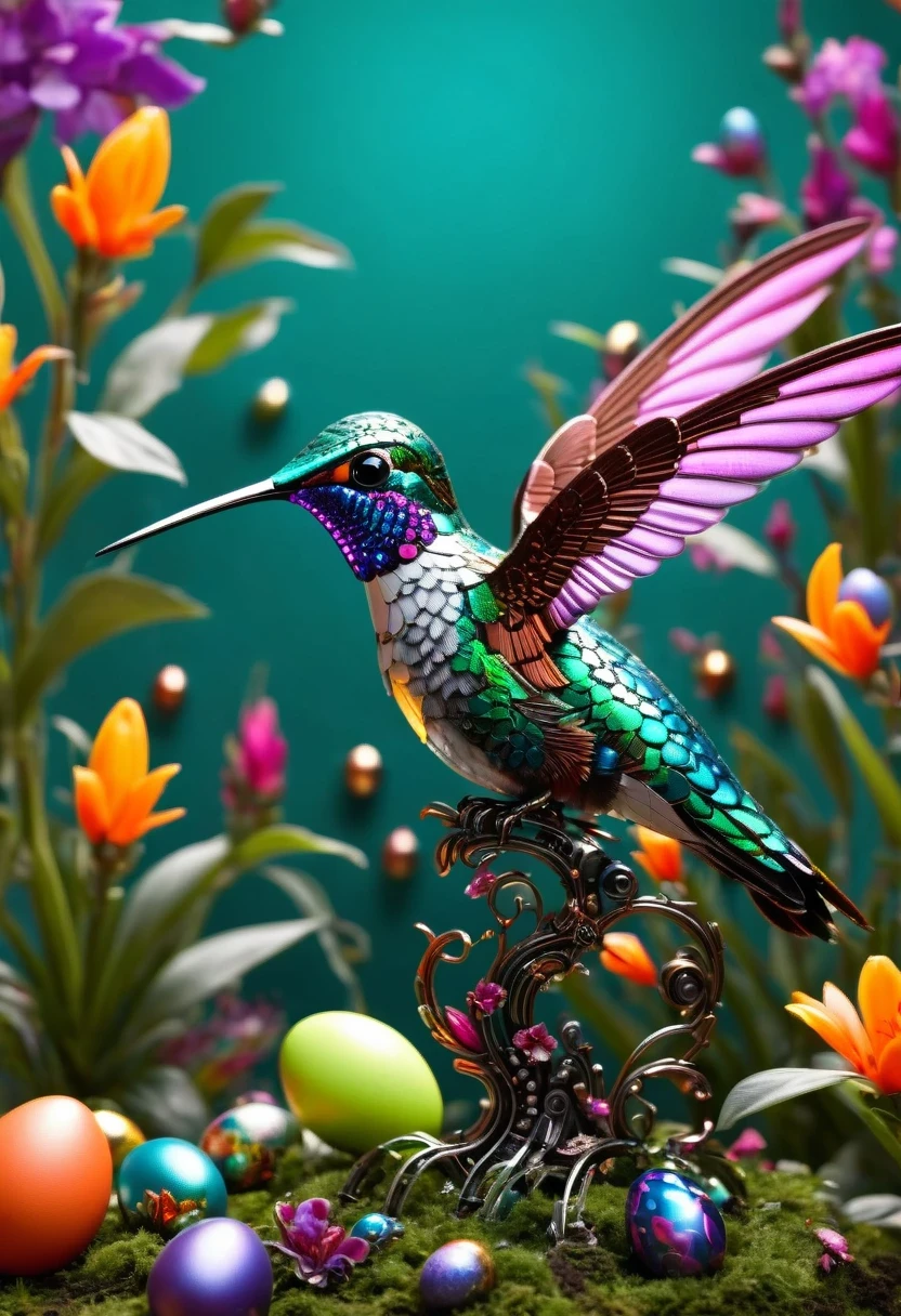 (masterpiece, best quality:1.2), easter style, 一个可爱的机械hummingbird穿着easter style, Made of exquisite copper and silver components,Eyes like glowing gems, Stand in a fantasy garden full of steampunk Easter elements. hummingbird holding an easter egg,Surrounded by exotic plants and Easter eggs. hummingbird's body shines under the neon lights, Demonstrate the high precision of its mechanical components. The scene incorporates elements of whimsy, science and technology, and tradition, Create a unique and imaginative environment for Easter.