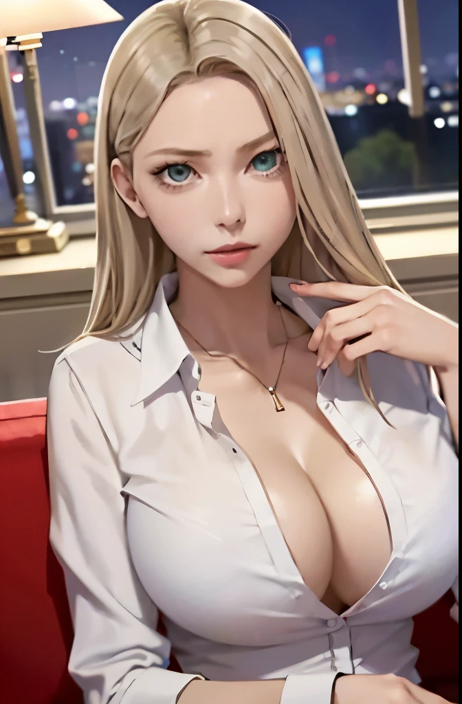 masterpiece, highest quality, finely, 1 girl, (blonde), (beautiful girl), cute, (green eyes), (eyelash), (huge breasts), (cleavage), (white shirt:1.2), (open shirt), sitting on the sofa, lamp, window, night, delicate interior design,