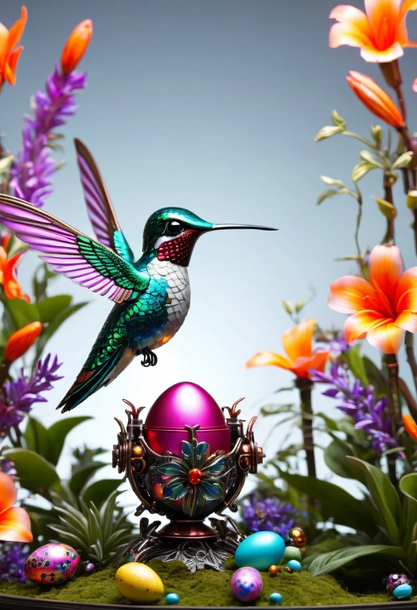 (masterpiece, best quality:1.2), easter style, 一个可爱的机械hummingbird穿着easter style, Made of exquisite copper and silver components,Eyes like glowing gems, Stand in a fantasy garden full of steampunk Easter elements. hummingbird holding an easter egg,Surrounded by exotic plants and Easter eggs. hummingbird's body shines under the neon lights, Demonstrate the high precision of its mechanical components. The scene incorporates elements of whimsy, science and technology, and tradition, Create a unique and imaginative environment for Easter.