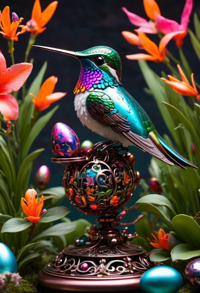 (masterpiece, best quality:1.2), easter style, 一个可爱的机械hummingbird穿着easter style, Made of exquisite copper and silver components,Eyes like glowing gems, Stand in a fantasy garden full of steampunk Easter elements. hummingbird holding an easter egg,Surrounded by exotic plants and Easter eggs. hummingbird's body shines under the neon lights, Demonstrate the high precision of its mechanical components. The scene incorporates elements of whimsy, science and technology, and tradition, Create a unique and imaginative environment for Easter.
