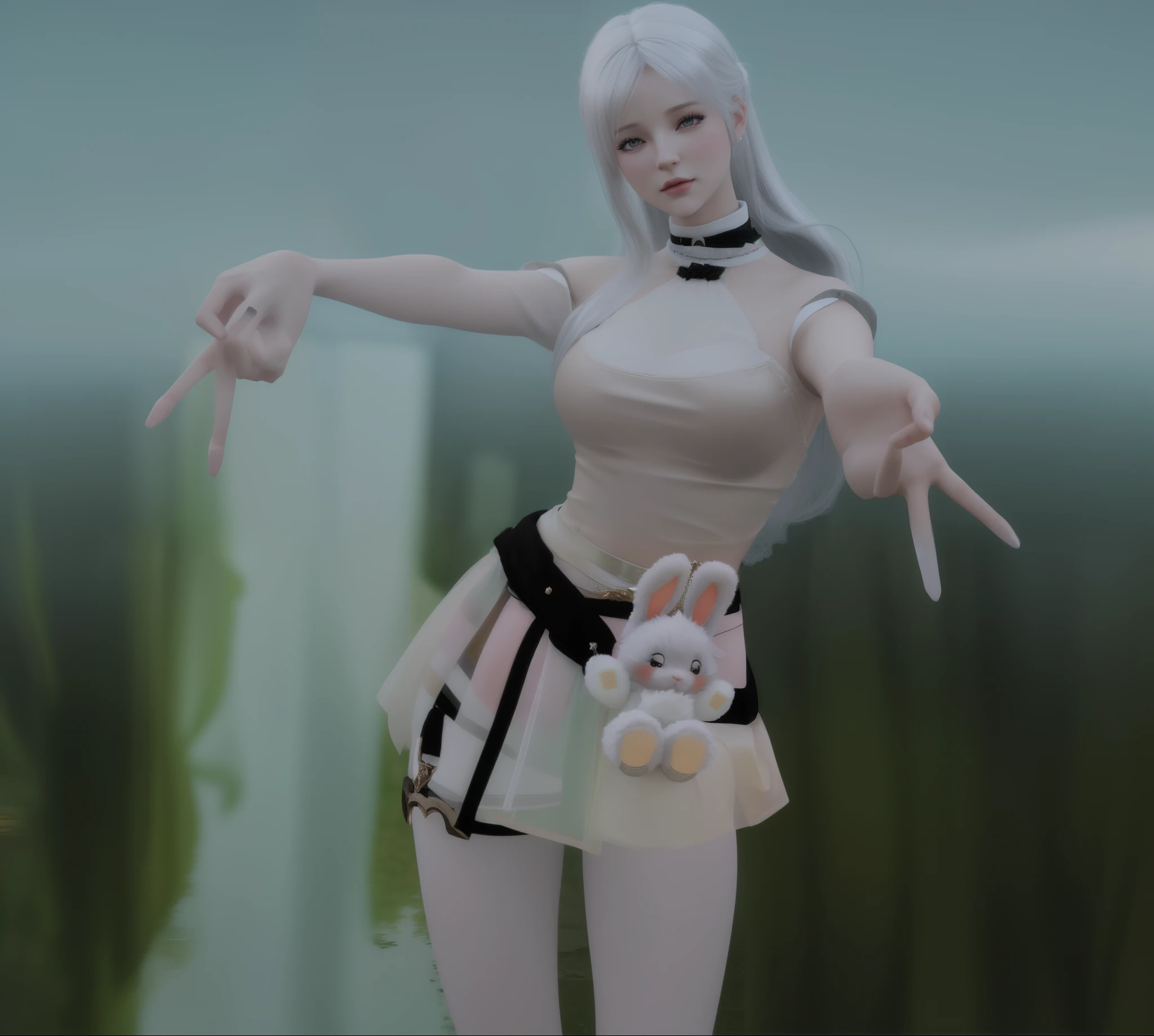 il y a une femme en robe blanche avec un lapin sur la poitrine, style anime 3D, tenue fantastique, e - fille, E-Fille, Tifa Lockhart aux cheveux blancs, elle danse. realistic, rendu d'avril, fille déguisée en lapin, pose de lancement de sorts, personnage posant, relaxed pose, daz3d, 3D stun, c'est 3 jours