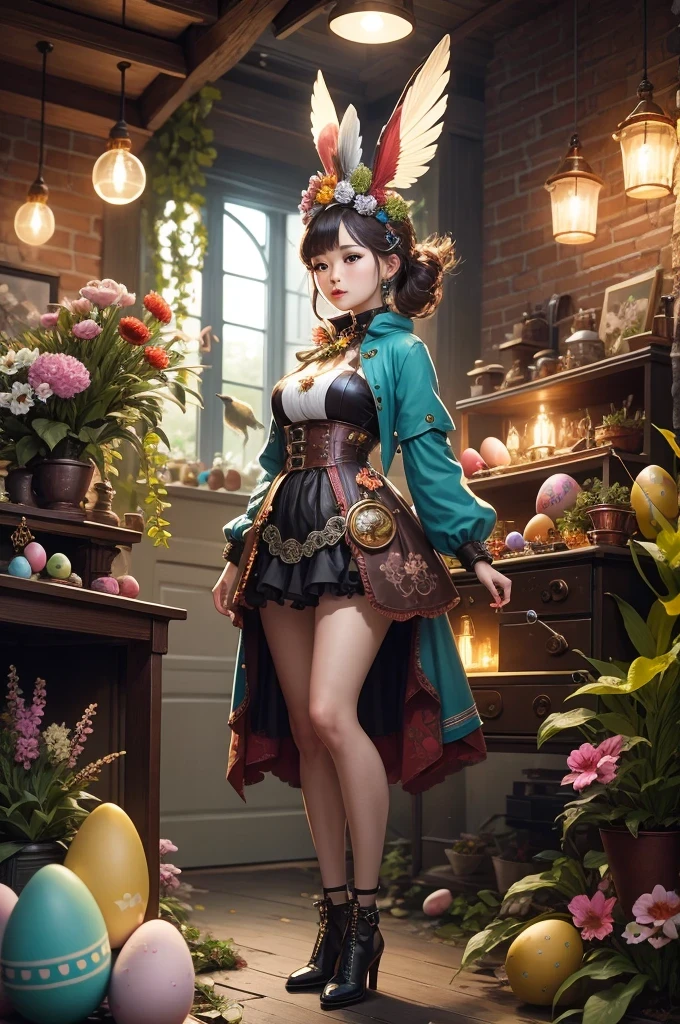 (masterpiece, best quality:1.2), easter style,  一个可爱的机械hummingbird穿着easter style, Made of exquisite copper and silver components，Eyes like glowing gems, Stand in a fantasy garden full of steampunk Easter elements. hummingbird holding an easter egg，Surrounded by exotic plants and Easter eggs. hummingbird&#39;s body shines under the neon lights, Demonstrate the high precision of its mechanical components. The scene incorporates elements of whimsy, science and technology, and tradition, Create a unique and imaginative environment for Easter.