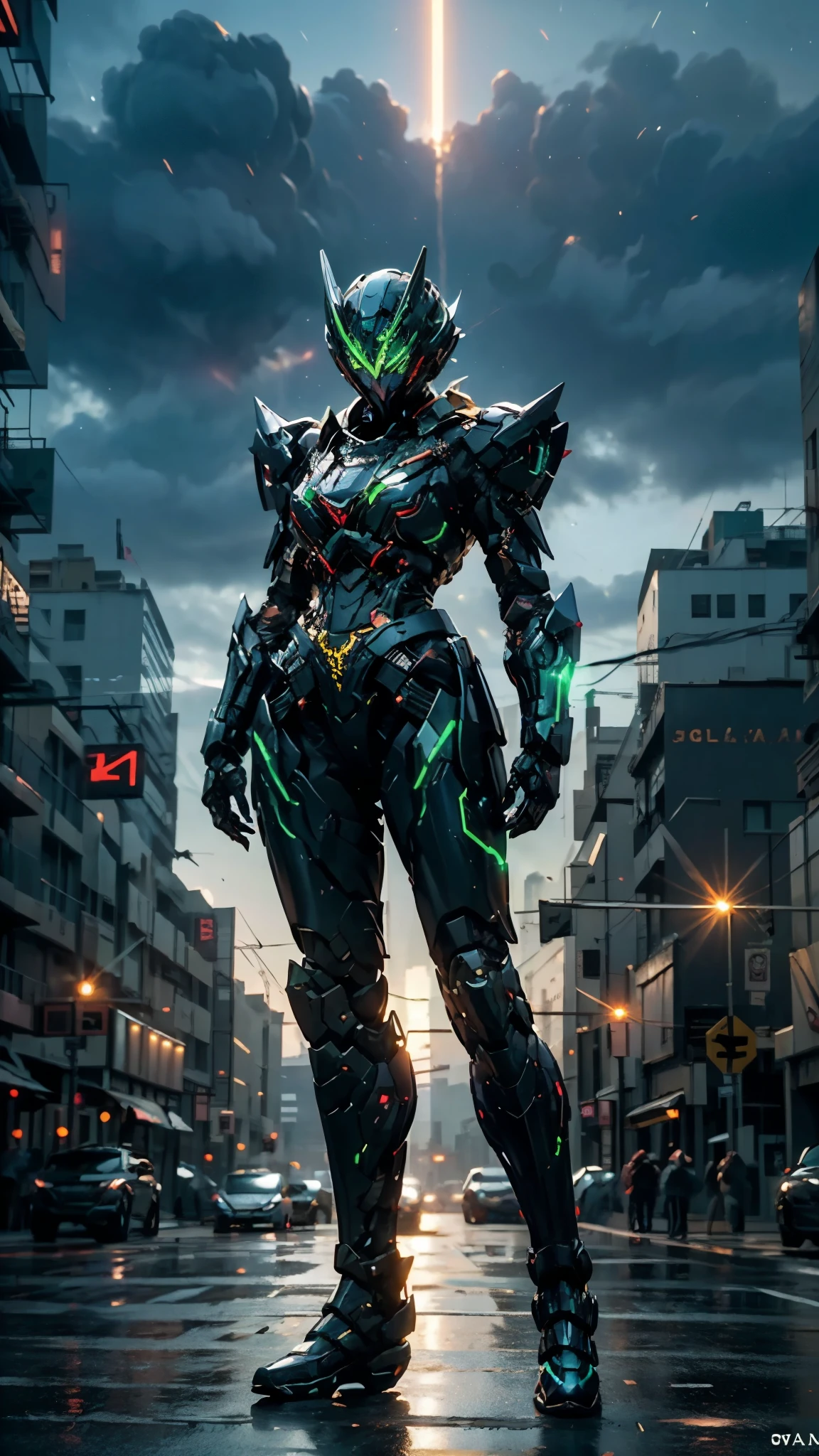A woman adorned in fantasy-style full-body armor, a crown-concept fully enclosed helmet that unveils only her eyes, a composite layered chest plate, fully encompassing shoulder and hand guards, a lightweight waist armor, form-fitting shin guards, the overall design is heavy-duty yet flexible, ((the armor gleams with a blue glow, complemented by red and green accents)), exhibiting a noble aura, she floats above the Futuristic city, this character embodies a finely crafted fantasy-surreal style armored hero in anime style, exquisite and mature manga art style, (Godzilla concept Armor, photorealistic:1.4, real texture material:1.2), ((city night view, element, energy, elegant, goddess, femminine:1.5)), metallic, high definition, best quality, highres, ultra-detailed, ultra-fine painting, extremely delicate, professional, anatomically correct, symmetrical face, extremely detailed eyes and face, high quality eyes, creativity, RAW photo, UHD, 32k, Natural light, cinematic lighting, masterpiece-anatomy-perfect, masterpiece:1.5